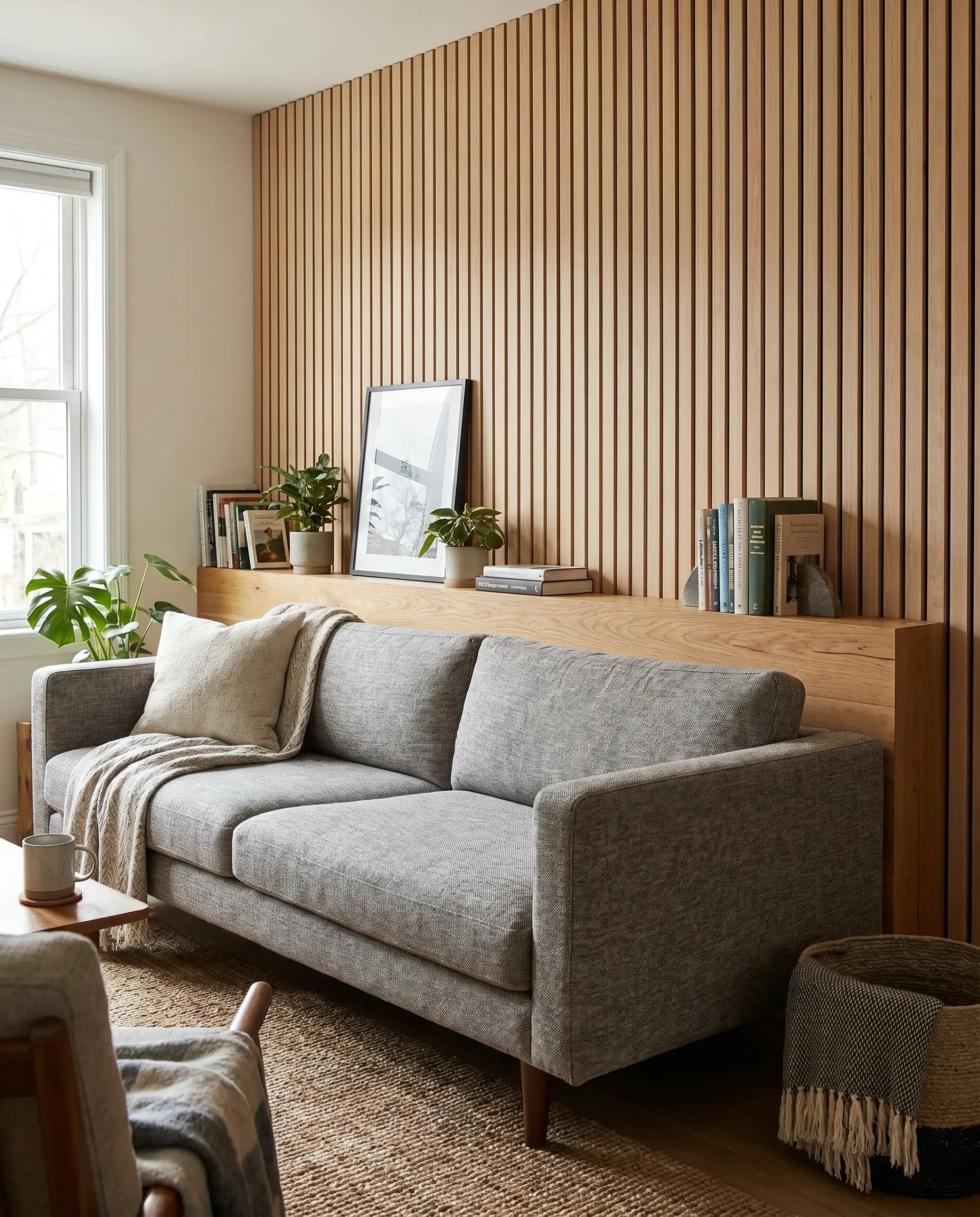 A solid oak board ledge mounts flush with the top frame of a modern sofa, integrating seamlessly into vertical real wood veneer slats.