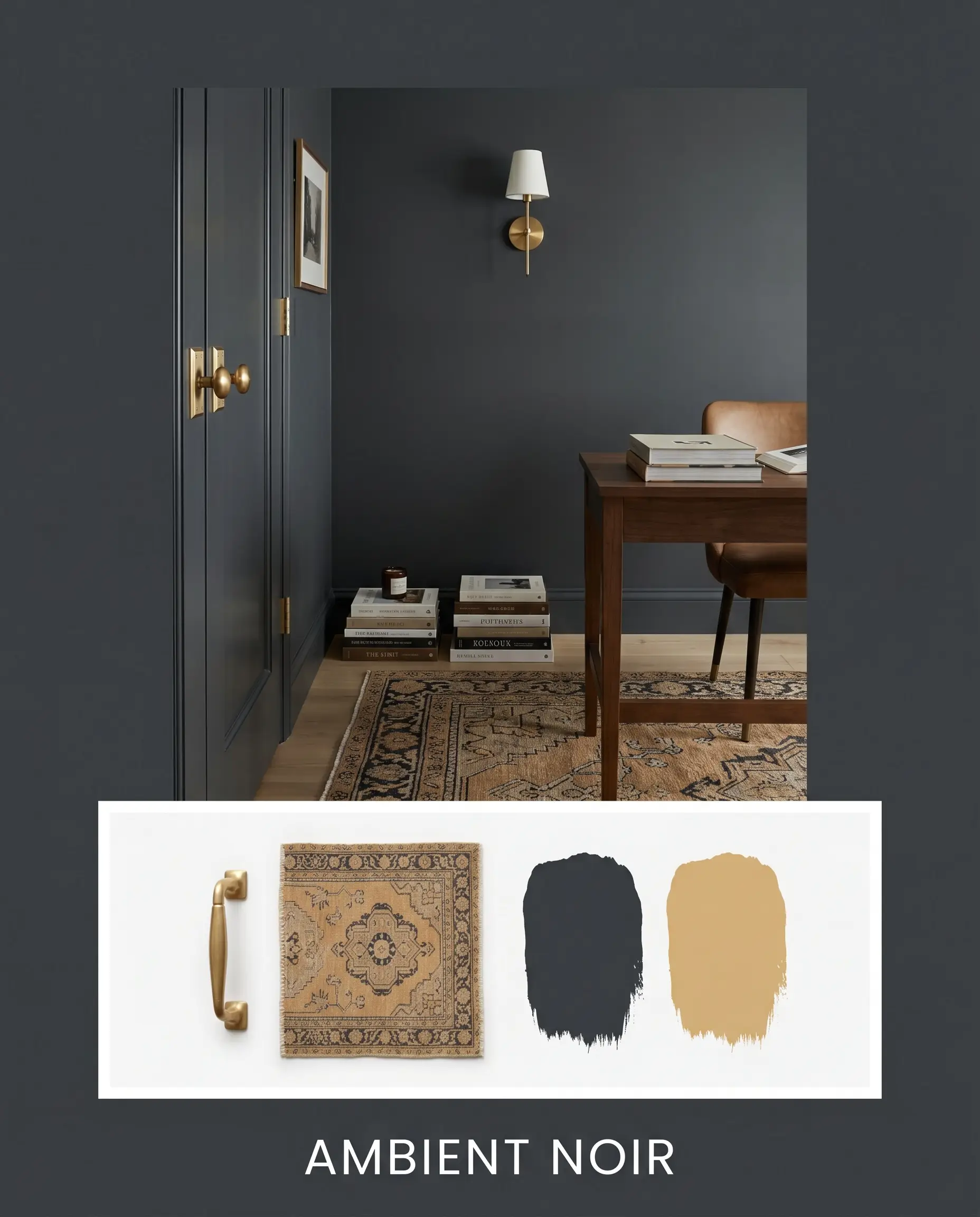 A transitional study with velvety charcoal walls sits above an inset panel displaying an unlacquered brass pull, a vintage rug swatch, and paint applications.