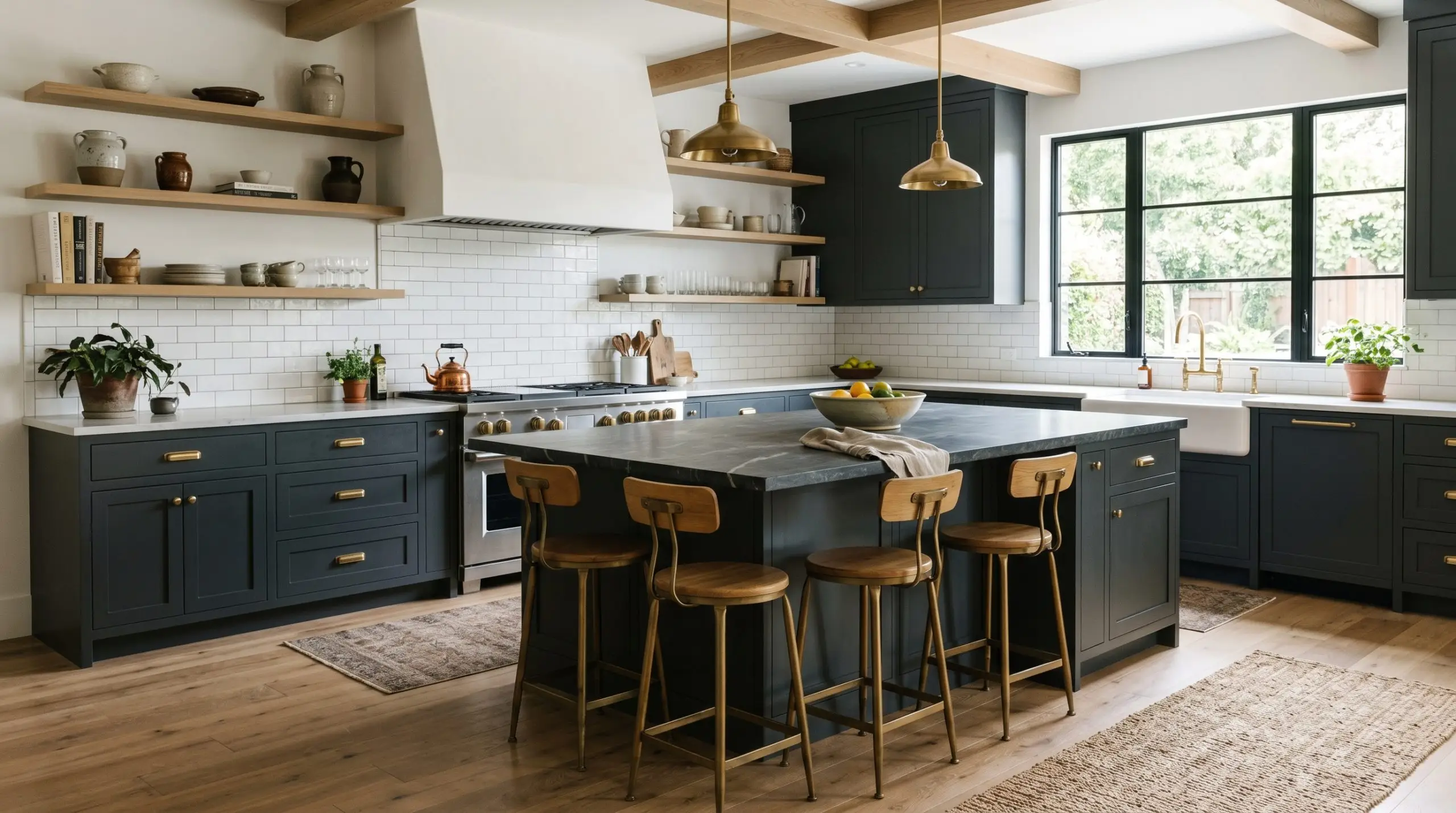 A velvety charcoal central island anchors a high-end kitchen alongside classic white subway tile, warm white oak flooring, and unlacquered brass hardware.