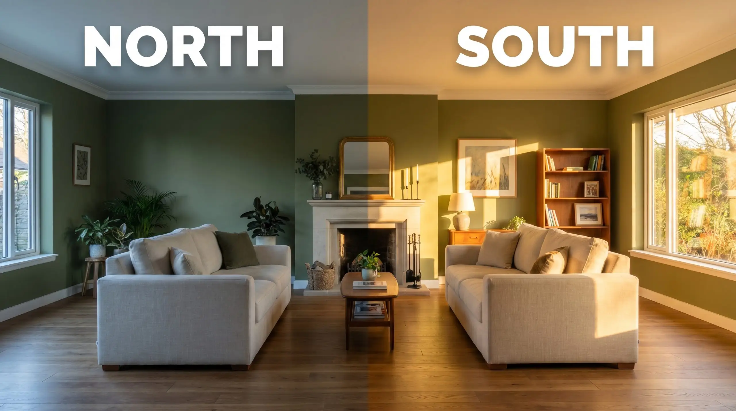 A continuous living room shifts from calm shadows in cool Northern light to warm golden energy in Southern exposure against Farrow & Ball Sap Green walls.