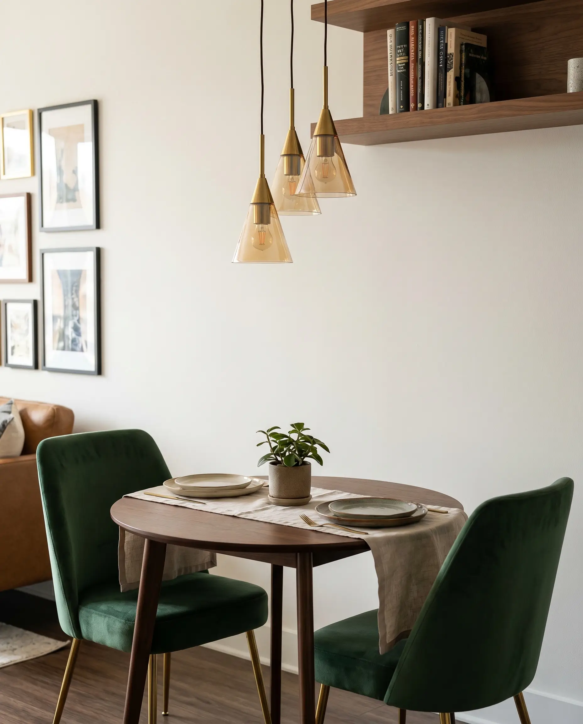 Three spun brass and tinted glass micro-pendants drop at varying heights over a compact dining corner featuring a dark wood bistro table and velvet chairs.