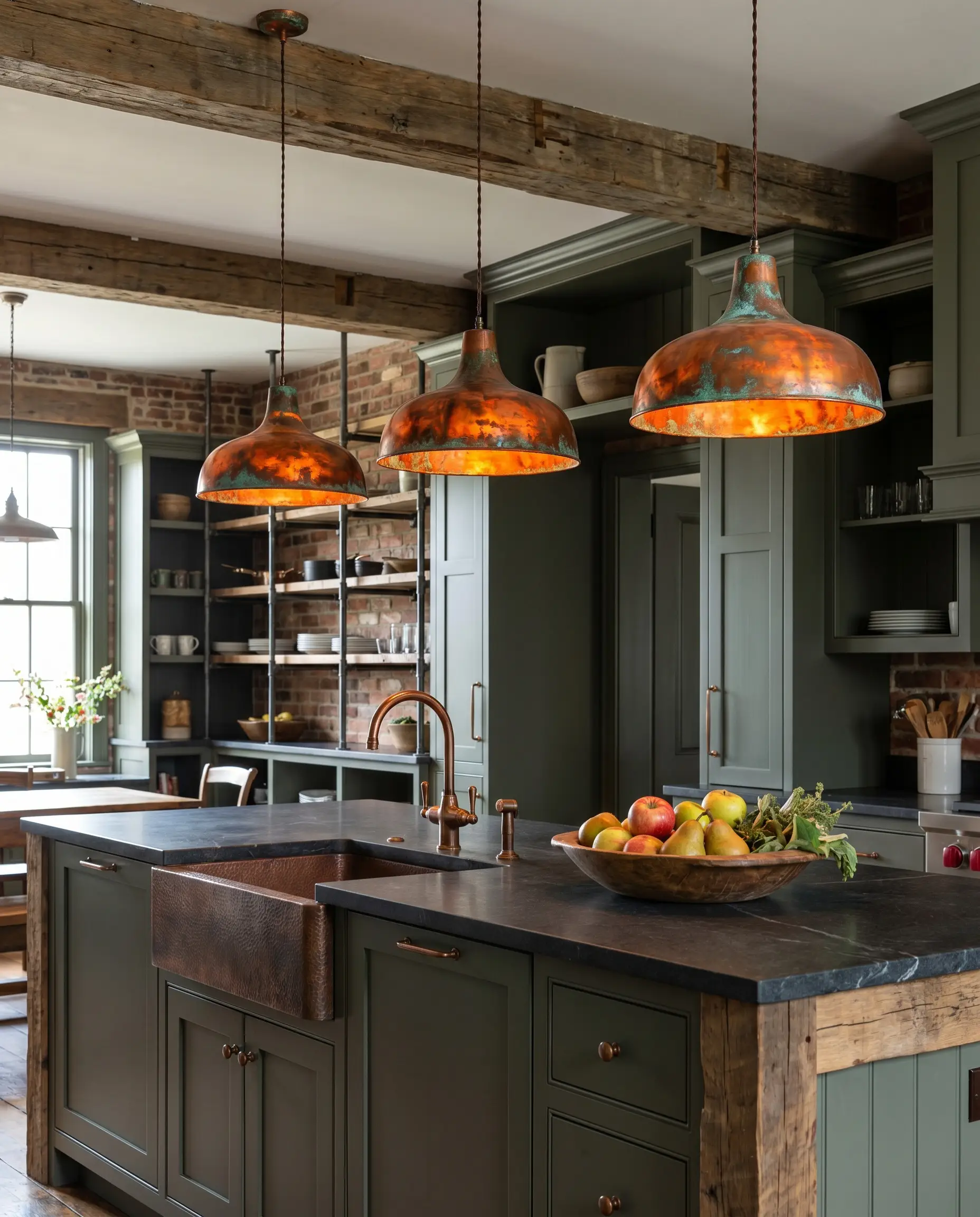 Spun copper lighting pendants with verdigris patina hang above a Sherwin-Williams Pewter Green kitchen island featuring a hammered copper basin set into dark stone.