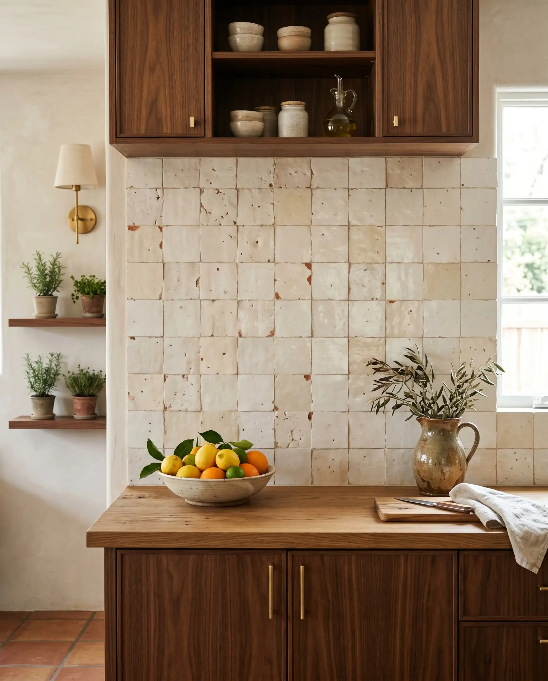 A straight-stacked square grid of hand-chiseled terracotta tiles prominently showcases authentic pit and chip variations above transitional mid-century cabinetry.