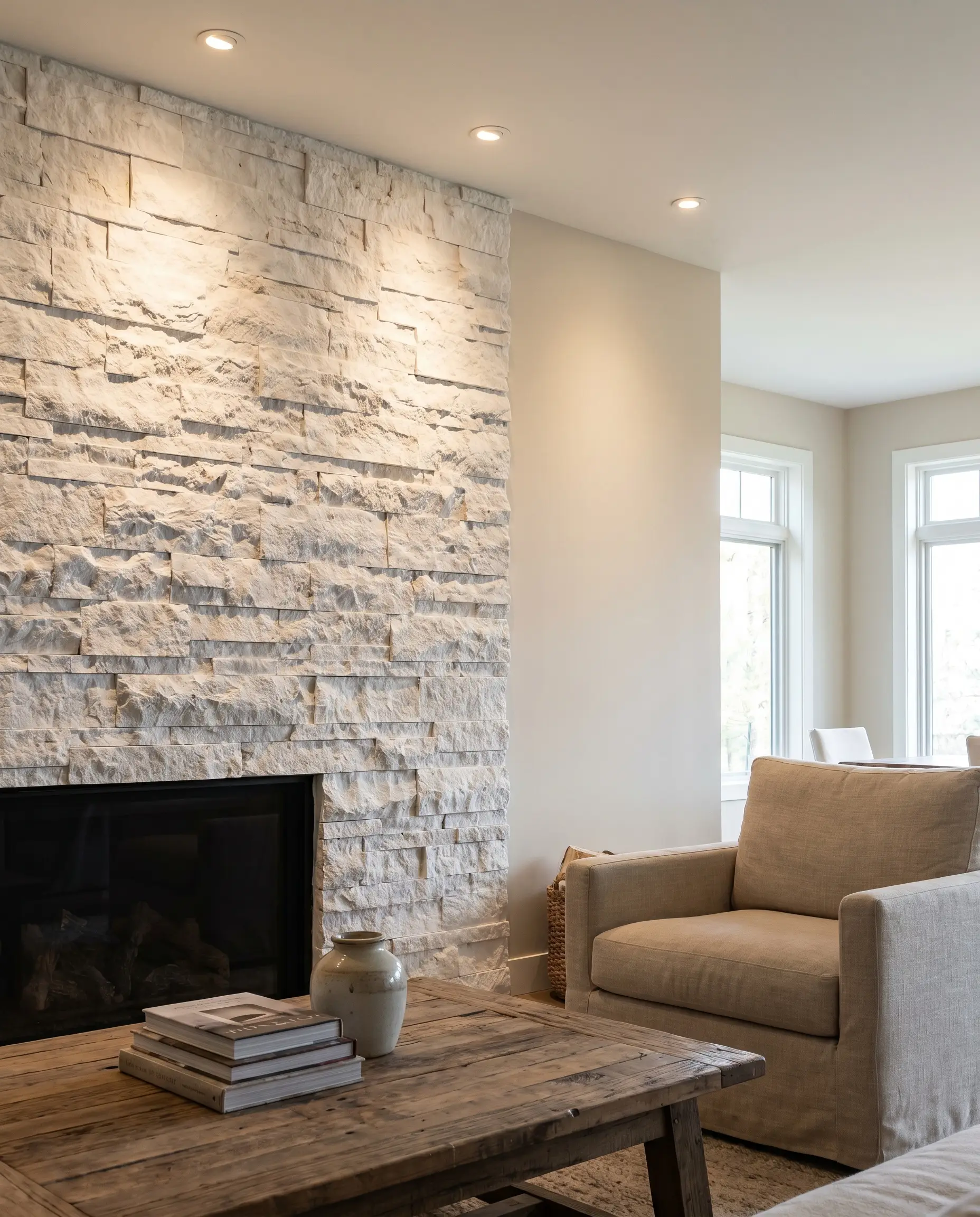 A highly textured three-dimensional facade made of stacked white ledger stone panels transitions directly into smooth drywall behind a reclaimed wood coffee table.