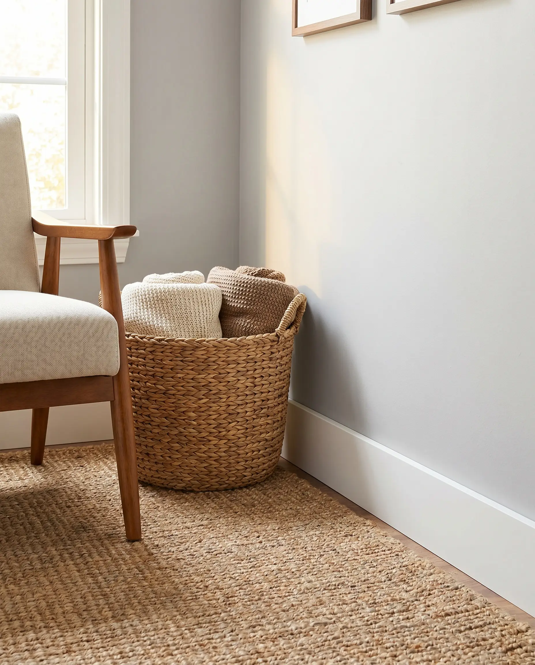 Standard modern baseboard and trim styles utilize crisp primed MDF flat stock against light gray walls, accompanied by a mid-century side chair.
