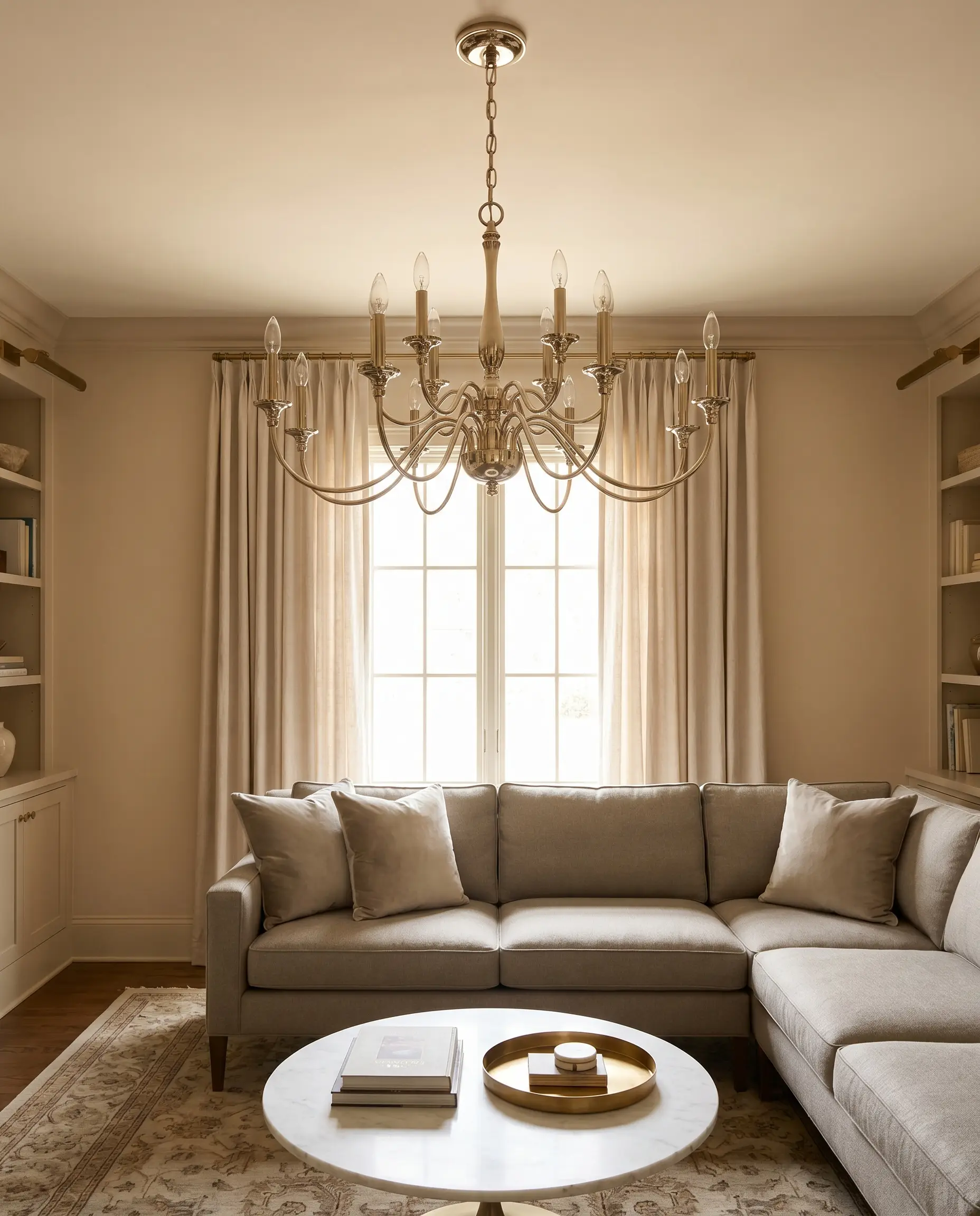 A highly reflective polished nickel ceiling fixture bounces ambient light across a transitional living room featuring a tailored greige sofa and a marble coffee table.