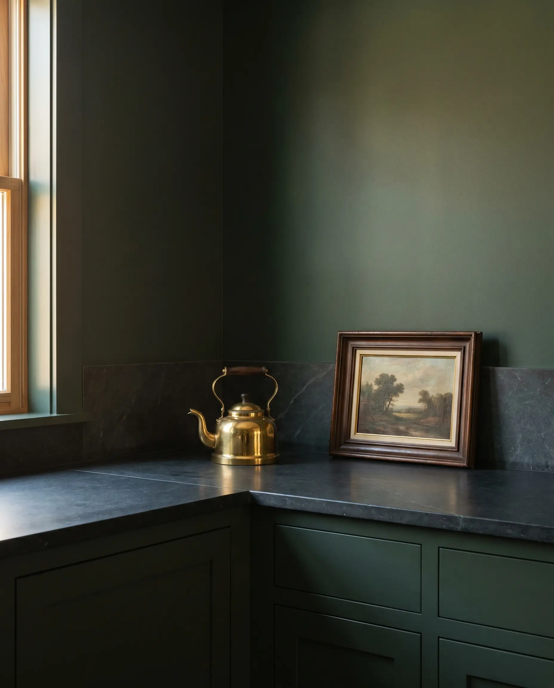 A classic 4-inch steatite soapstone upstand runs along smooth level 5 drywall color-drenched in Benjamin Moore Essex Green, matching the lower cabinetry and dark countertops.