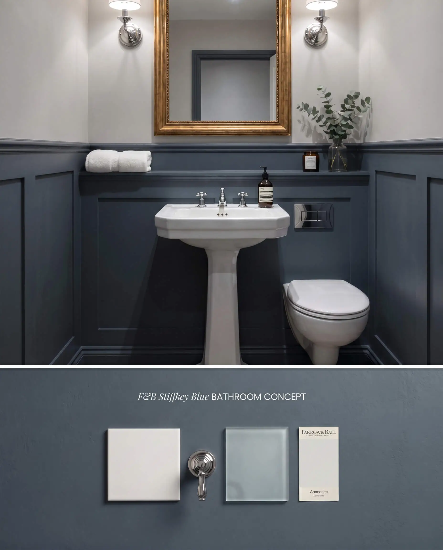 A split digital conceptual board for a windowless bathroom featuring Stiffkey Blue wainscoting, positioned above a physical flat-lay of chrome and porcelain materials.