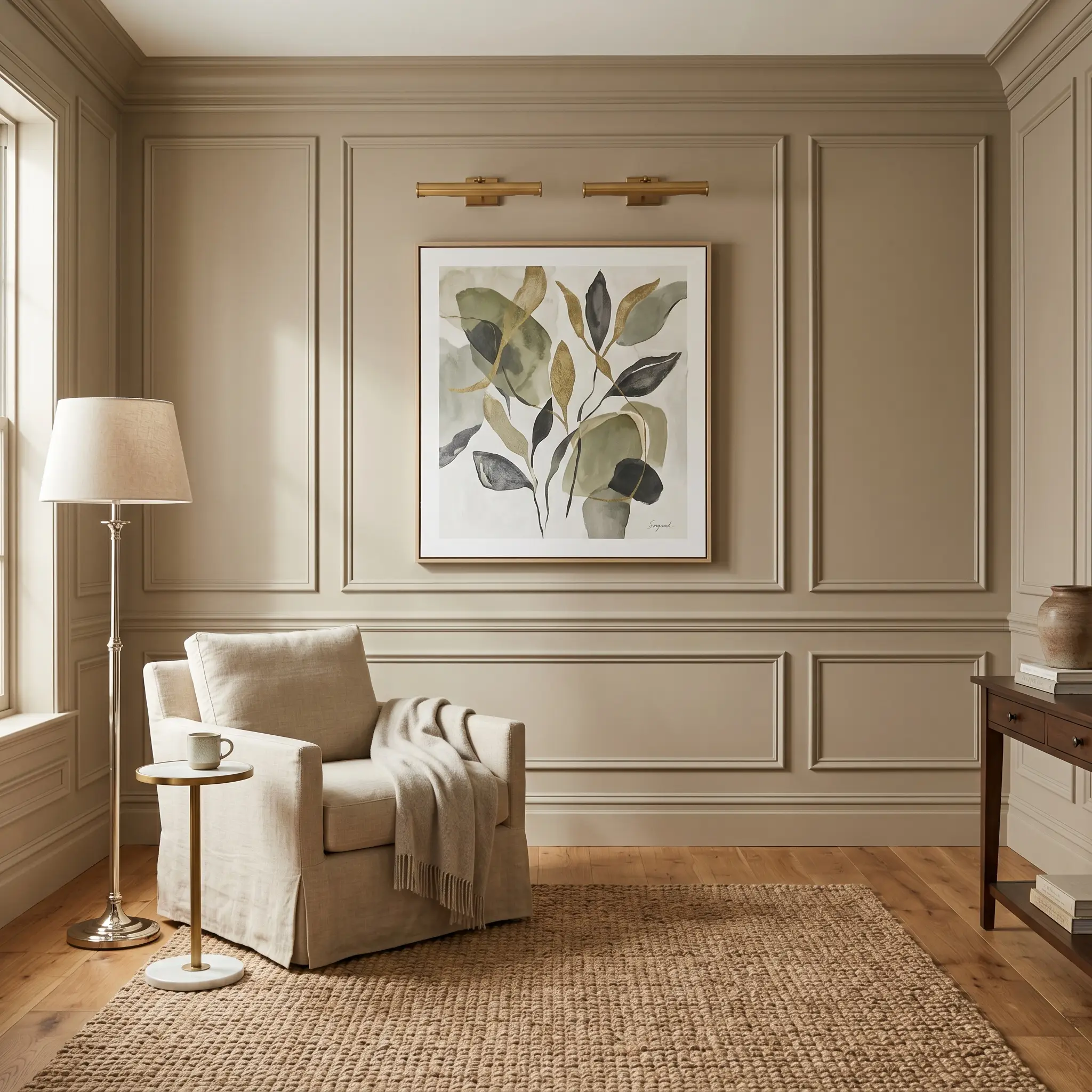 Intricate picture frame molding and baseboards are color-drenched in Farrow & Ball Light Gray, anchoring a Belgian linen armchair and polished nickel floor lamp.