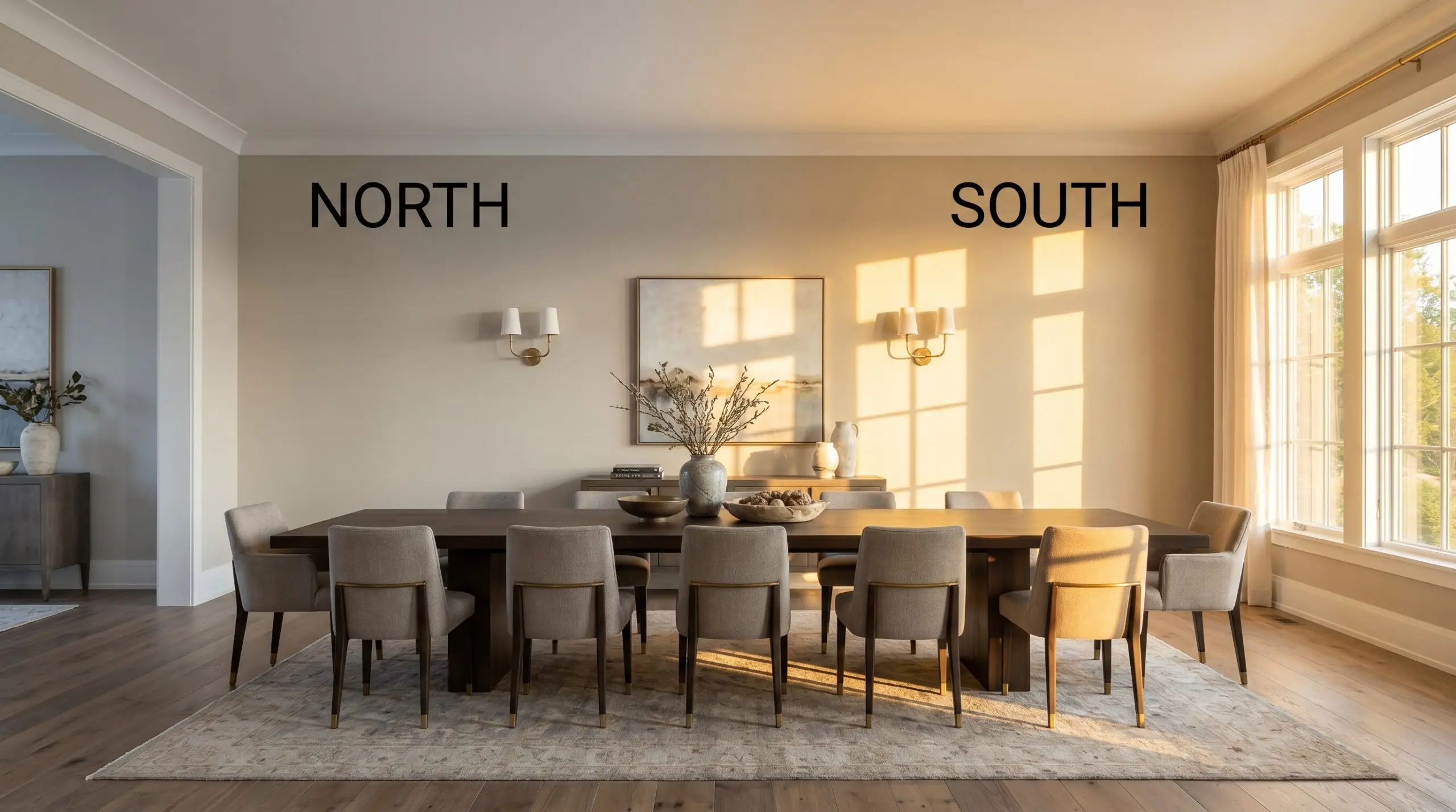 A dark matte walnut dining table sits against Farrow & Ball Stony Ground walls, shifting from flat earthy brown in cool Northern light to golden-orange in warm Southern exposure.