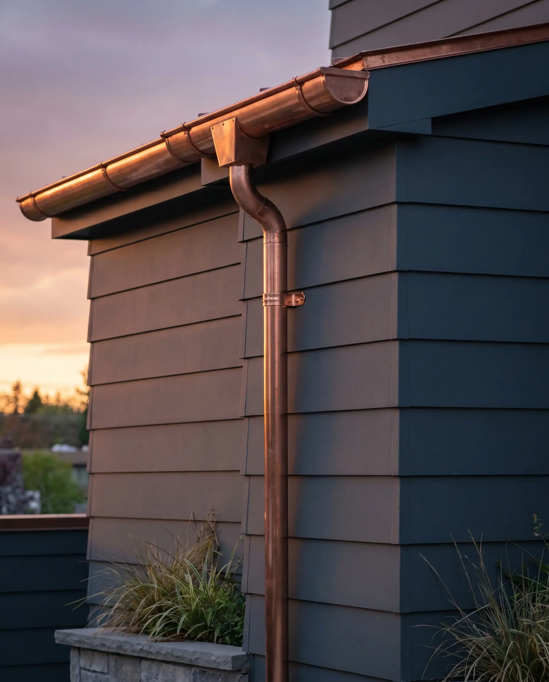 Smooth siding painted in a stormy blue-gray provides a moody backdrop for a bright, raw copper half-round gutter and downspout system.