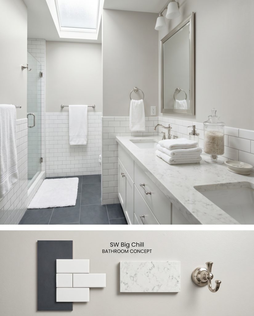 A split digital conceptual board showing a cool gray bathroom illuminated by a skylight above, with deep slate porcelain and polished quartz samples on the textured bottom section.