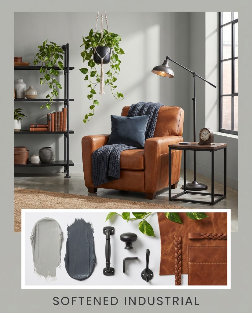 Cognac saddle leather upholstery and matte black iron hardware contrast against a medium-depth neutral wall alongside trailing pothos plants and dark charcoal accents.