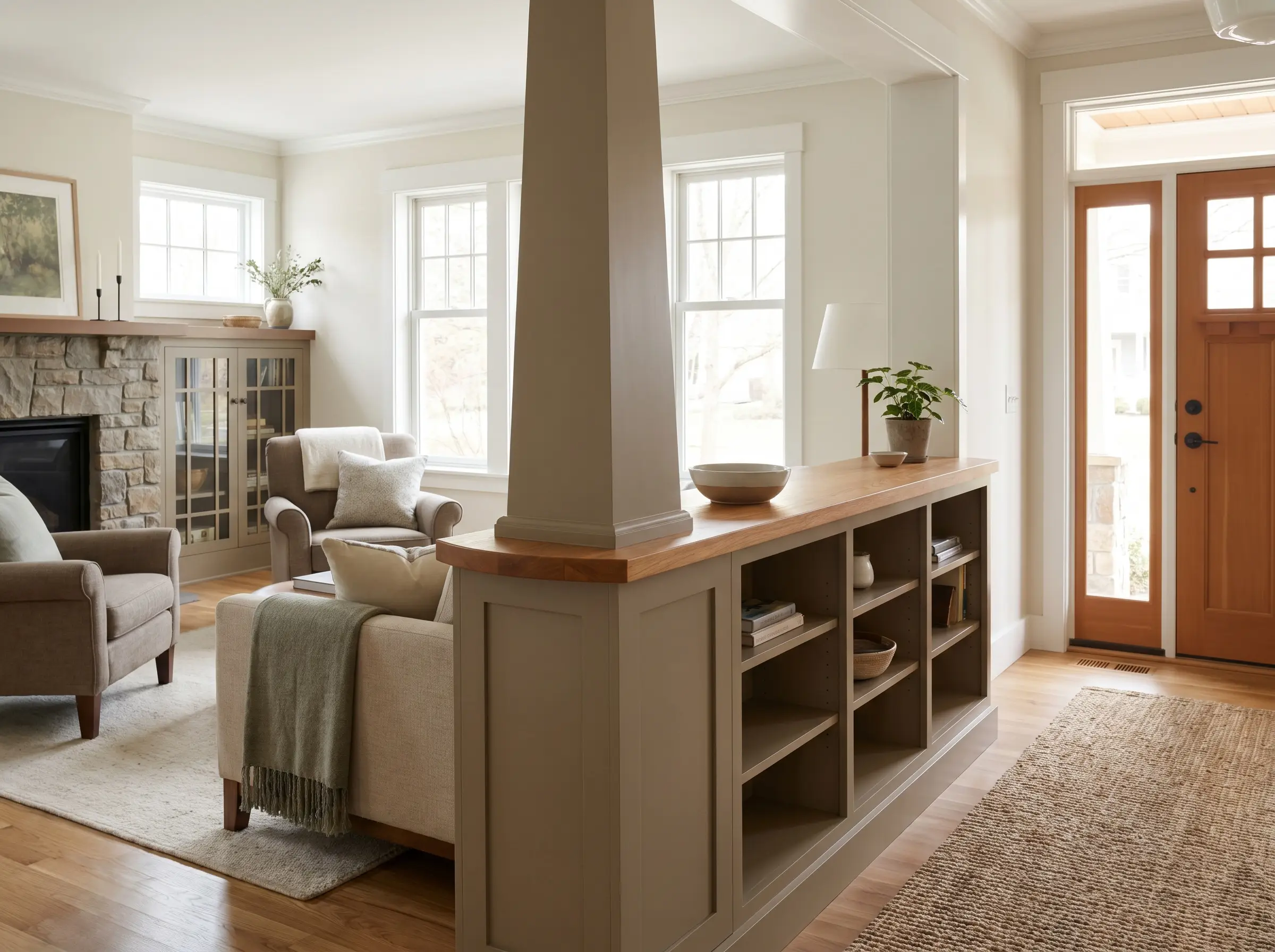 A tapered wood craftsman-style faux column painted Studio Clay rests atop a custom bookcase cabinet, zoning the visual boundary between a cozy living room and entryway.