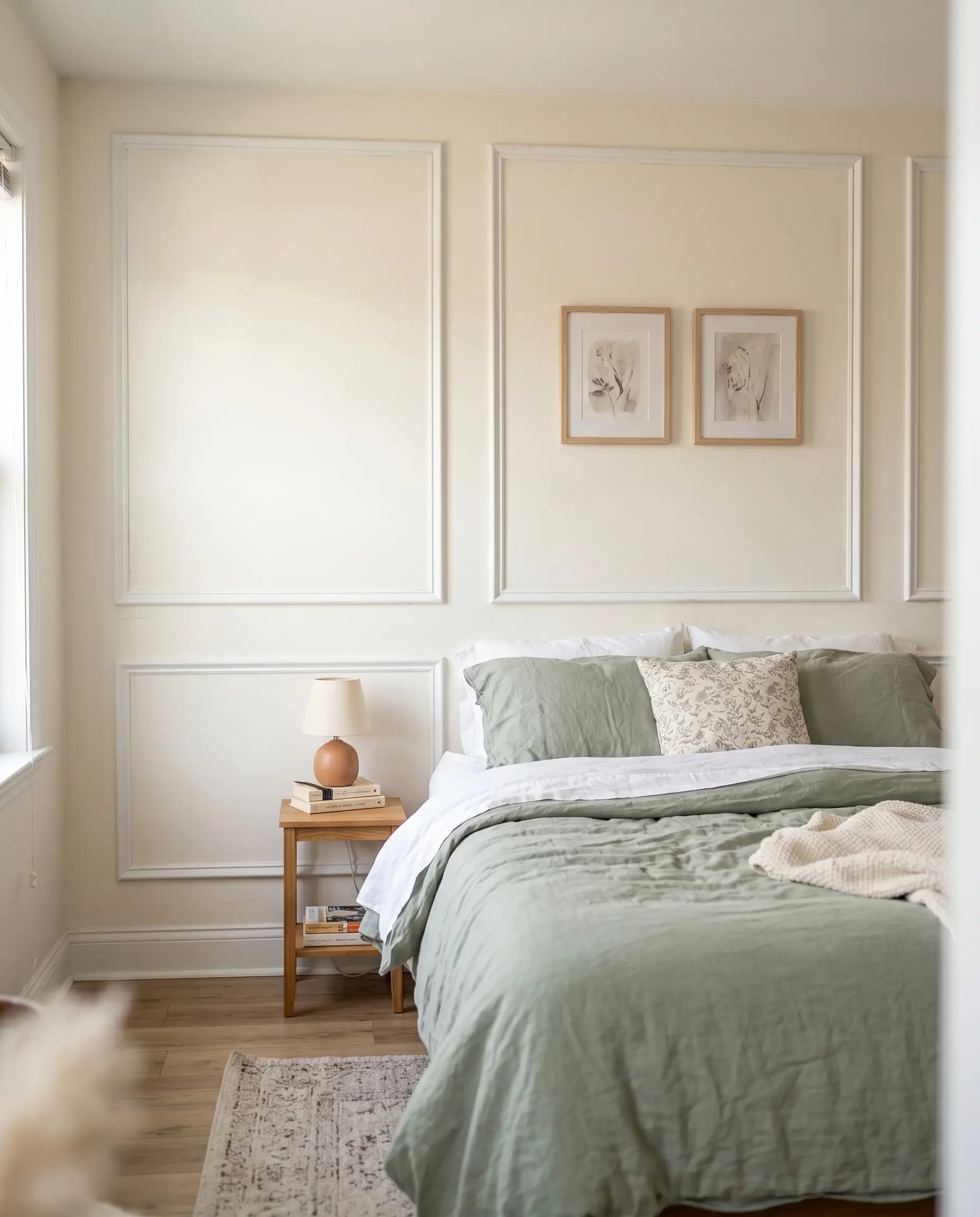 Structural primed polyurethane picture frame molding adds architectural depth to a cream bedroom wall behind a bed styled with sage green textiles.