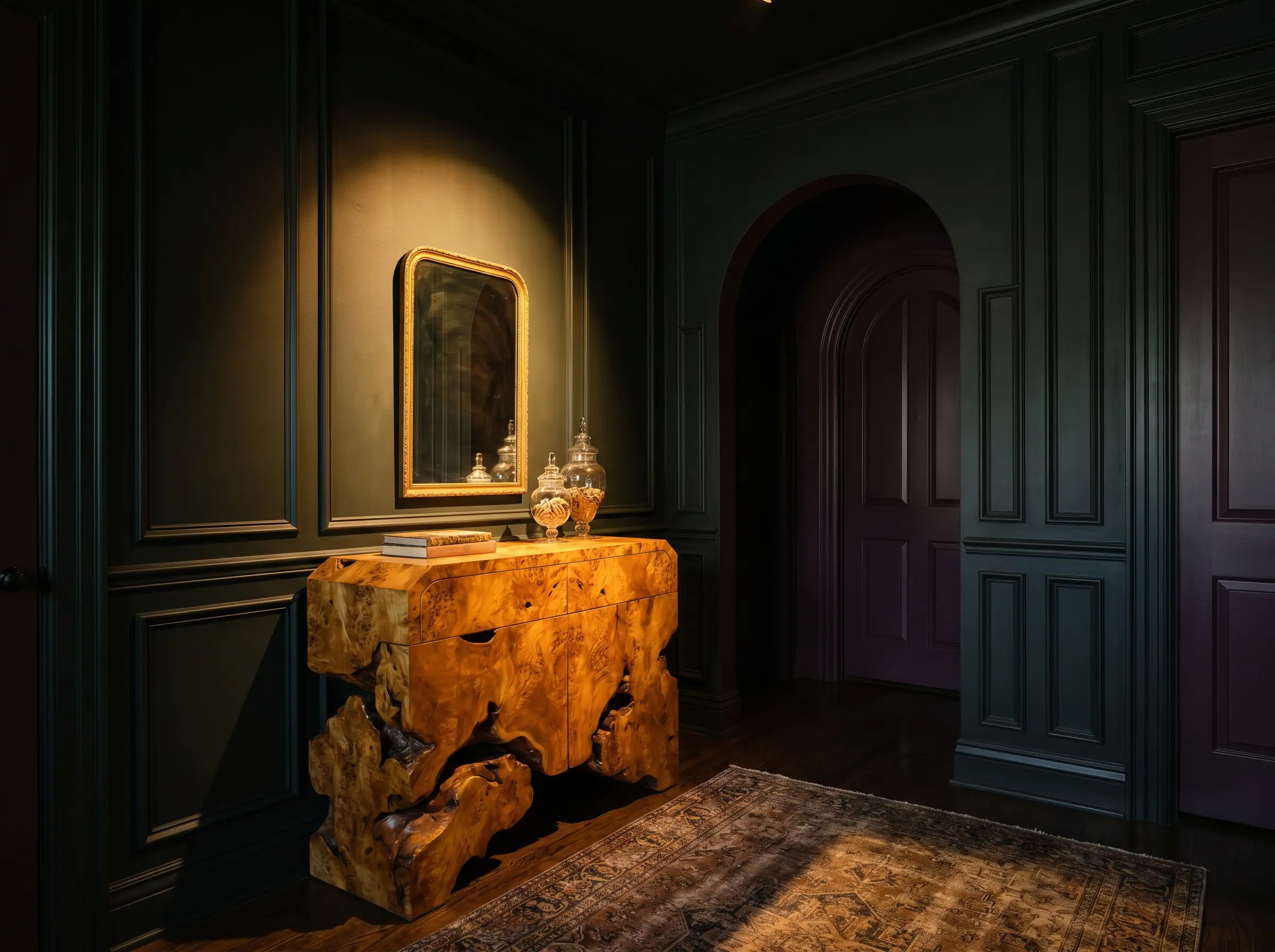 An intimate entryway painted in ultra-matte Farrow & Ball Studio Green and Brinjal provides a moody backdrop for a glowing amber burl wood console table.