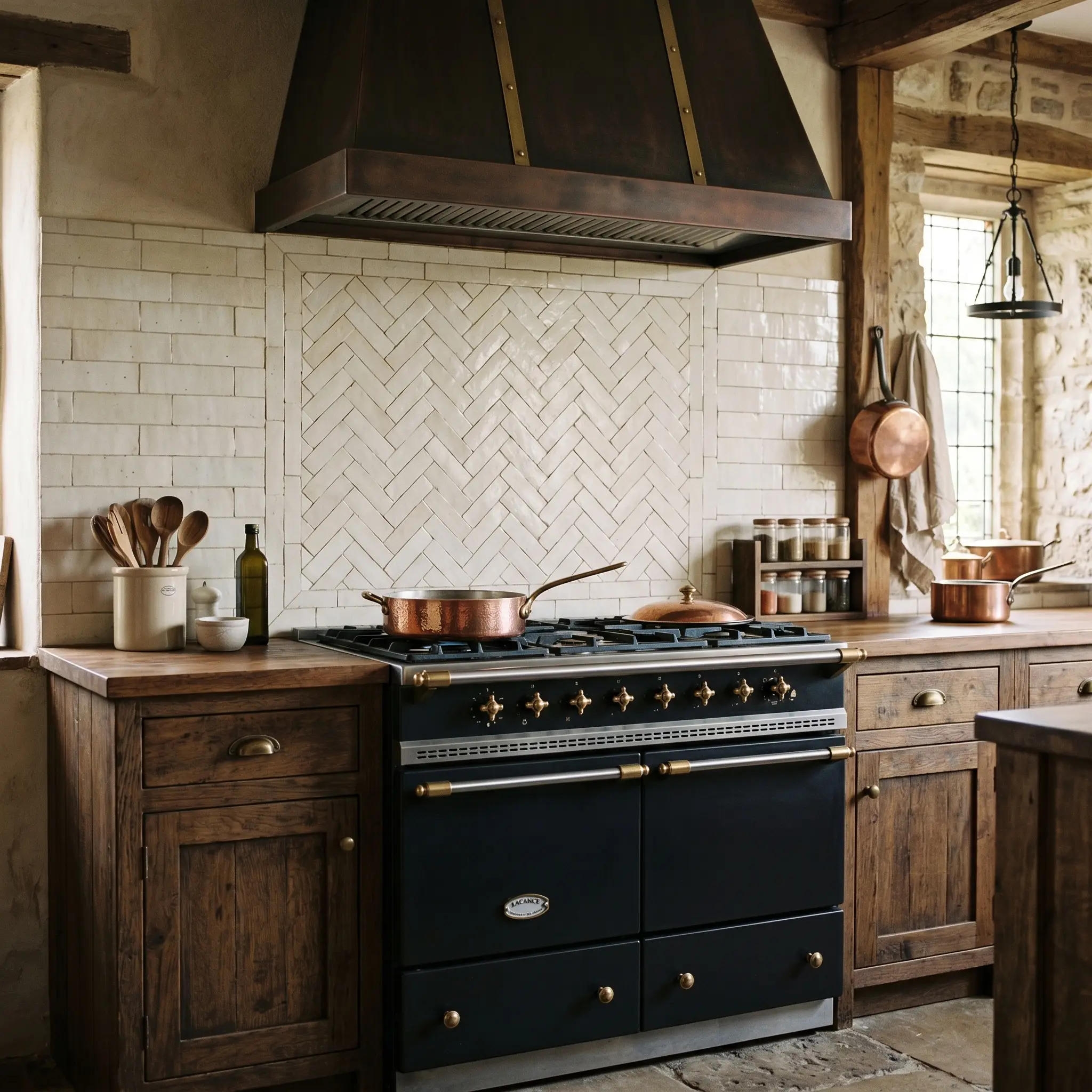 A heavy statement Lacanche range sits below a precise herringbone pattern of semi-translucent glazed tiles flanked by horizontal brick-bond walls.