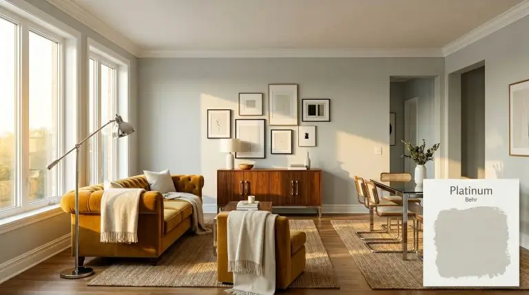 A sophisticated open-concept living area painted in Behr Platinum (Hex #d1d4d1) features a plush mustard-yellow velvet sofa and a rich walnut credenza.