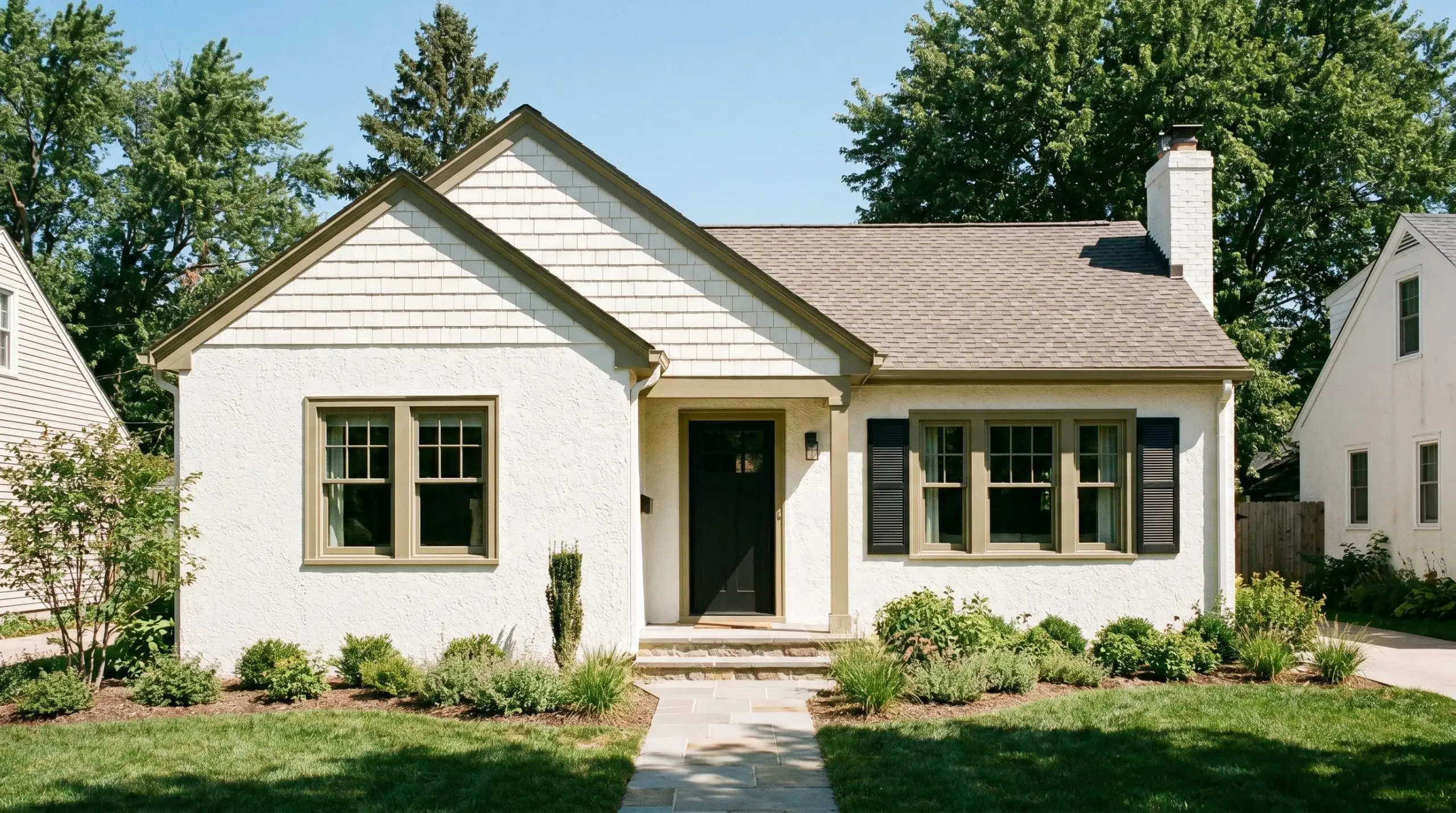 A modern cottage exterior painted in Sherwin-Williams White Flour (Hex #F4EFE5) features textured stucco, cedar shake siding, muted olive green trim, and a soft black front door.