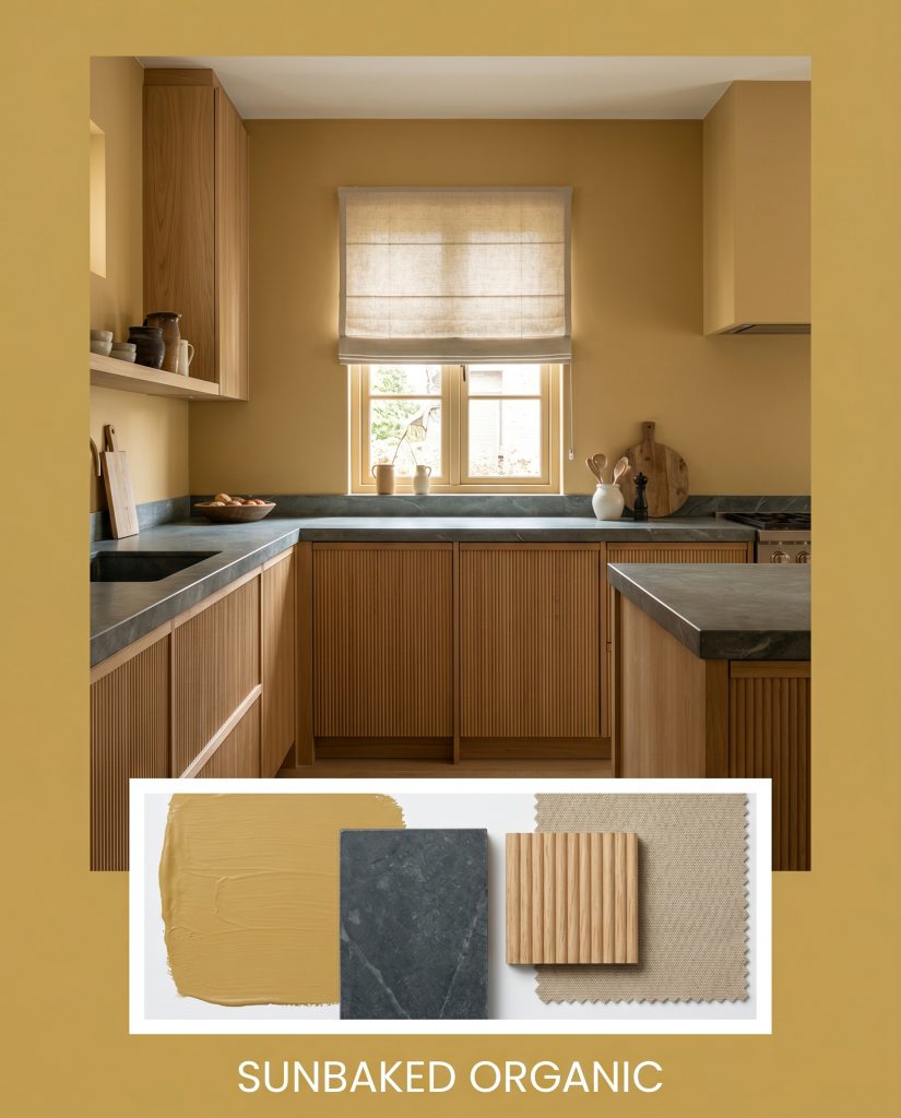 Fluted white oak cabinetry and thick honed soapstone countertops sit beneath a washed canvas roman shade, accompanied by an earthy golden yellow materials flat-lay.