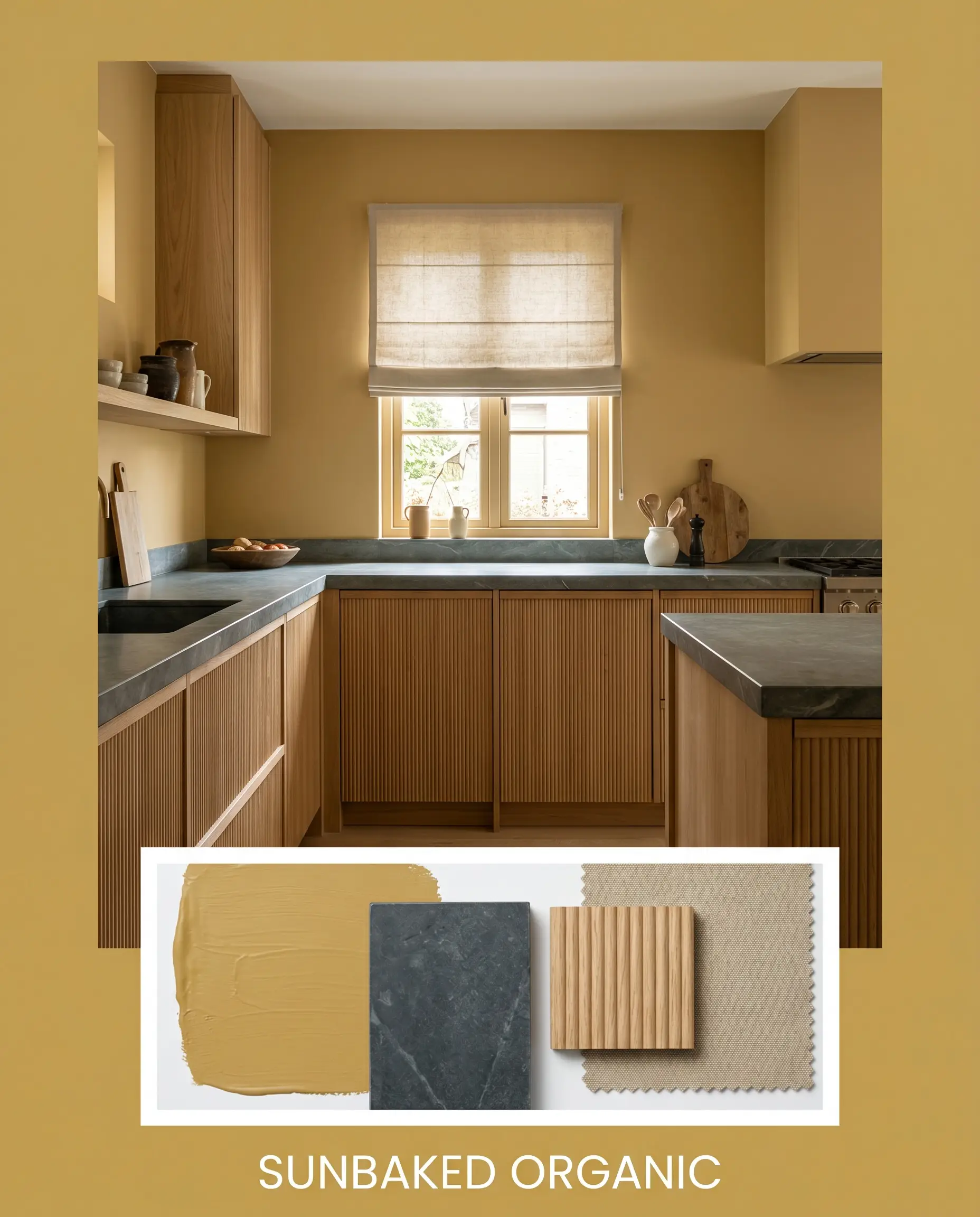 Fluted white oak cabinetry and thick honed soapstone countertops sit beneath a washed canvas roman shade, accompanied by an earthy golden yellow materials flat-lay.