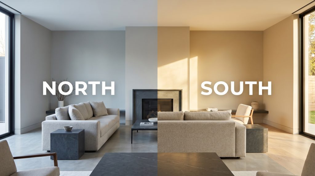 A continuous wide architectural shot demonstrates a dramatic lighting gradient across a wet cement aesthetic living room, shifting from a flat cool northern light to warm southern afternoon sunlight.