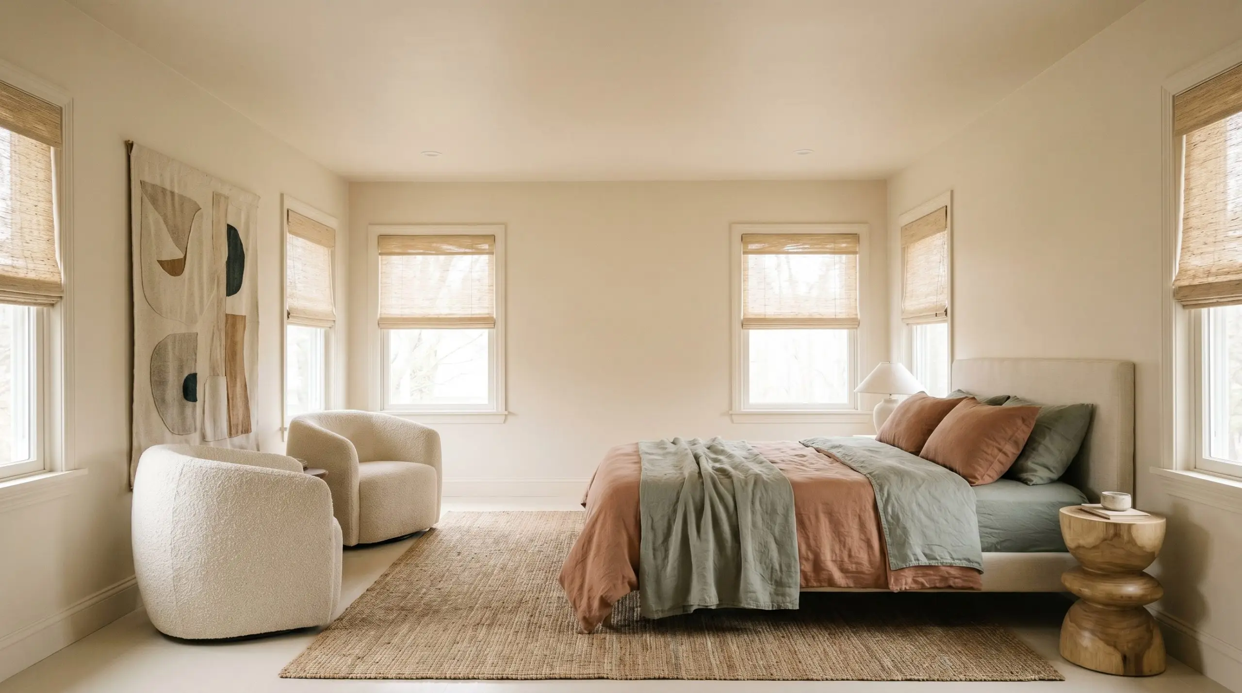 A color-drenched primary bedroom enveloped in a low chroma beige-yellow finish features washed linen bedding in muted terracotta, chunky boucle accent chairs, and natural woven window shades.