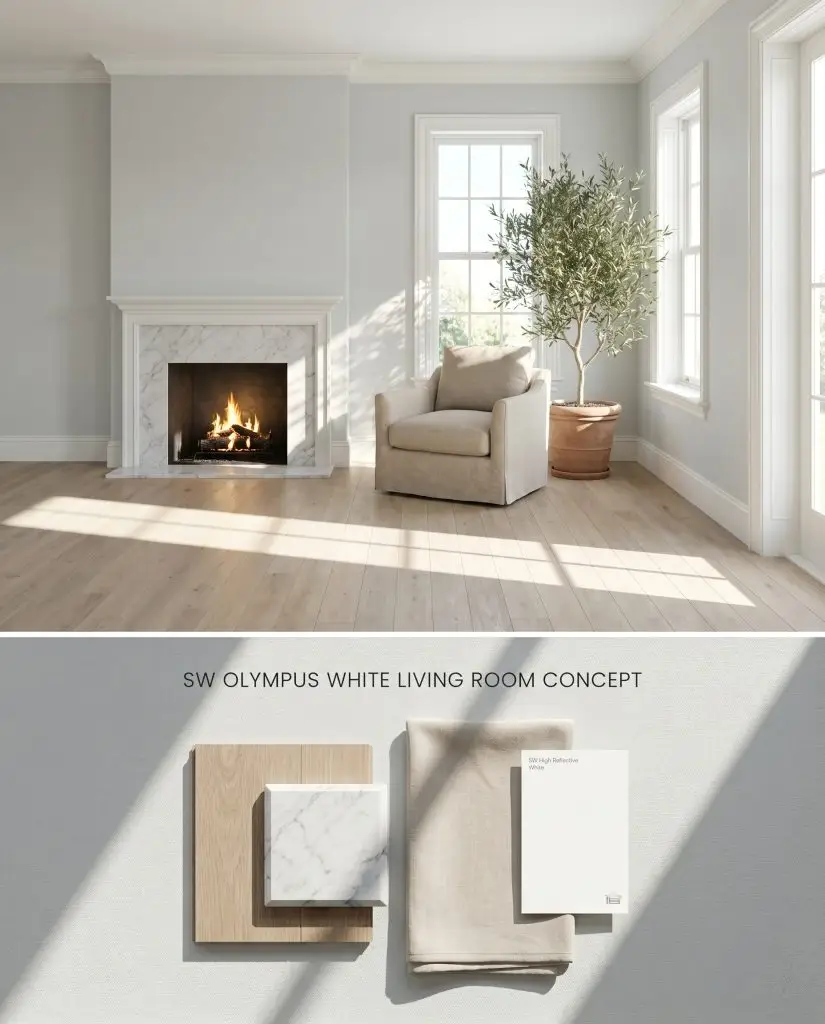 A split digital conceptual board for a south-facing living room combining an icy blue-gray interior above with physical marble and oak materials below.