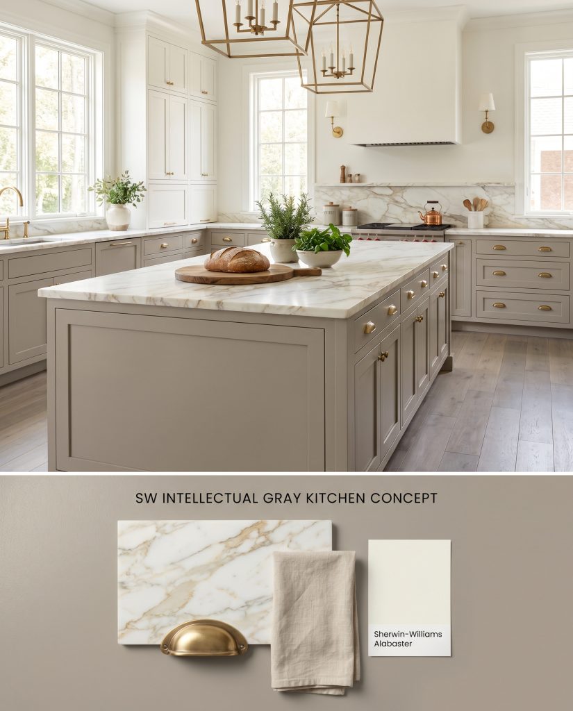 A split digital conceptual board for a kitchen showcasing lower cabinets painted in SW 7045 below a physical materials arrangement of veined marble and aged brass.