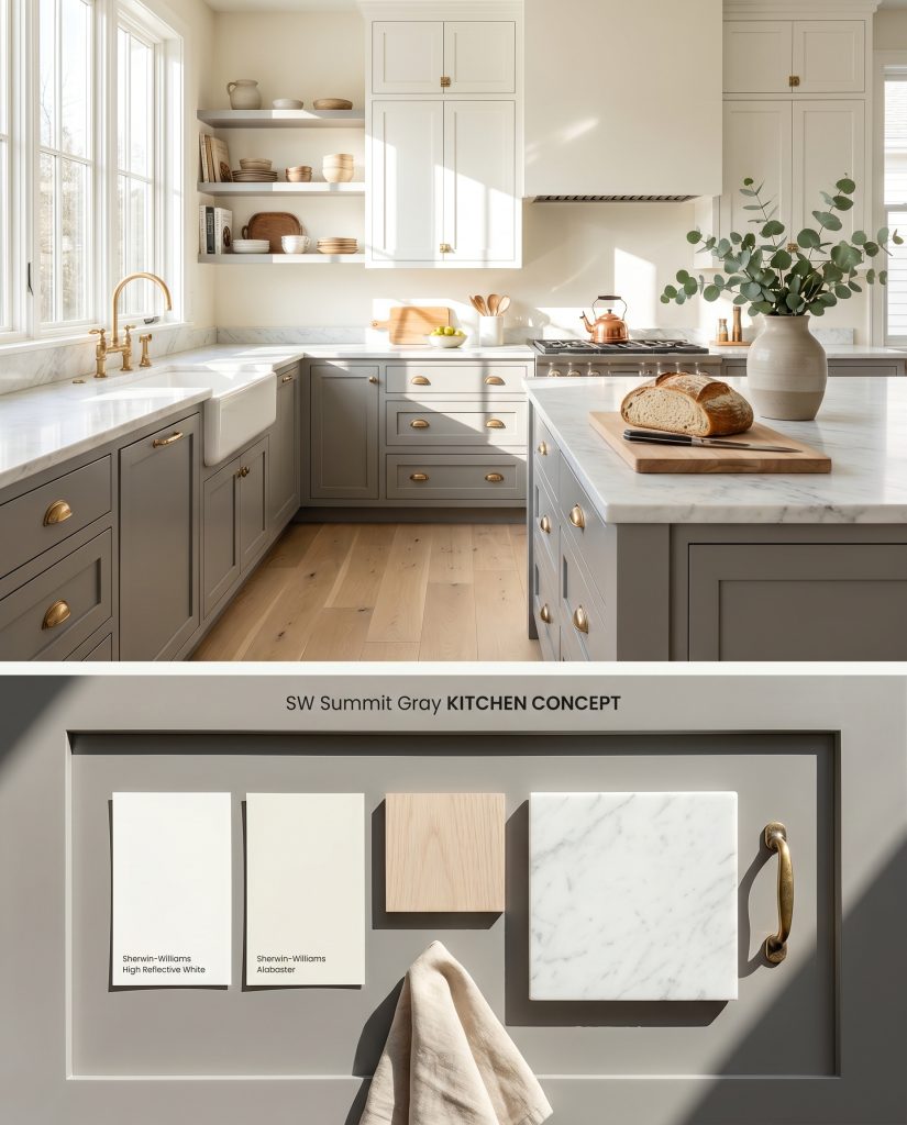 A split digital conceptual board featuring a sunlit kitchen with SW 7669 Summit Gray lower cabinets on top, and a physical enamel finish with marble and brass samples below.