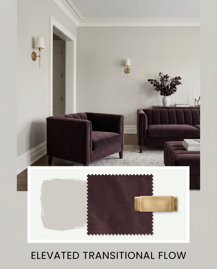 Unlacquered brass wall sconces illuminate dark channel-tufted velvet furniture above a flat-lay displaying a deep plum velvet swatch and raw brass hardware.