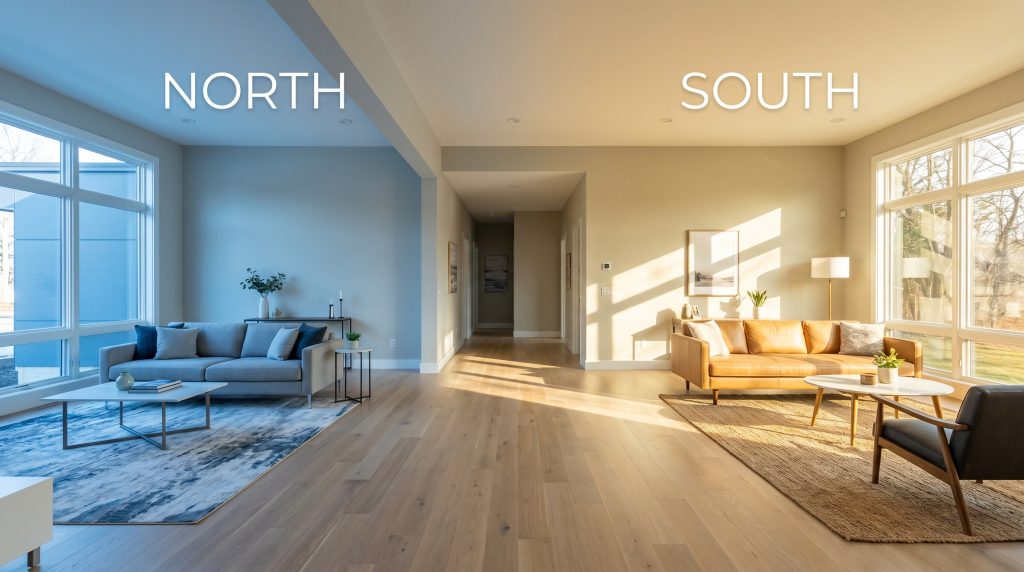 A continuous living room with white oak flooring shows the wall paint shifting from a cool blue tint in north-facing exposure to golden in south-facing warmth.