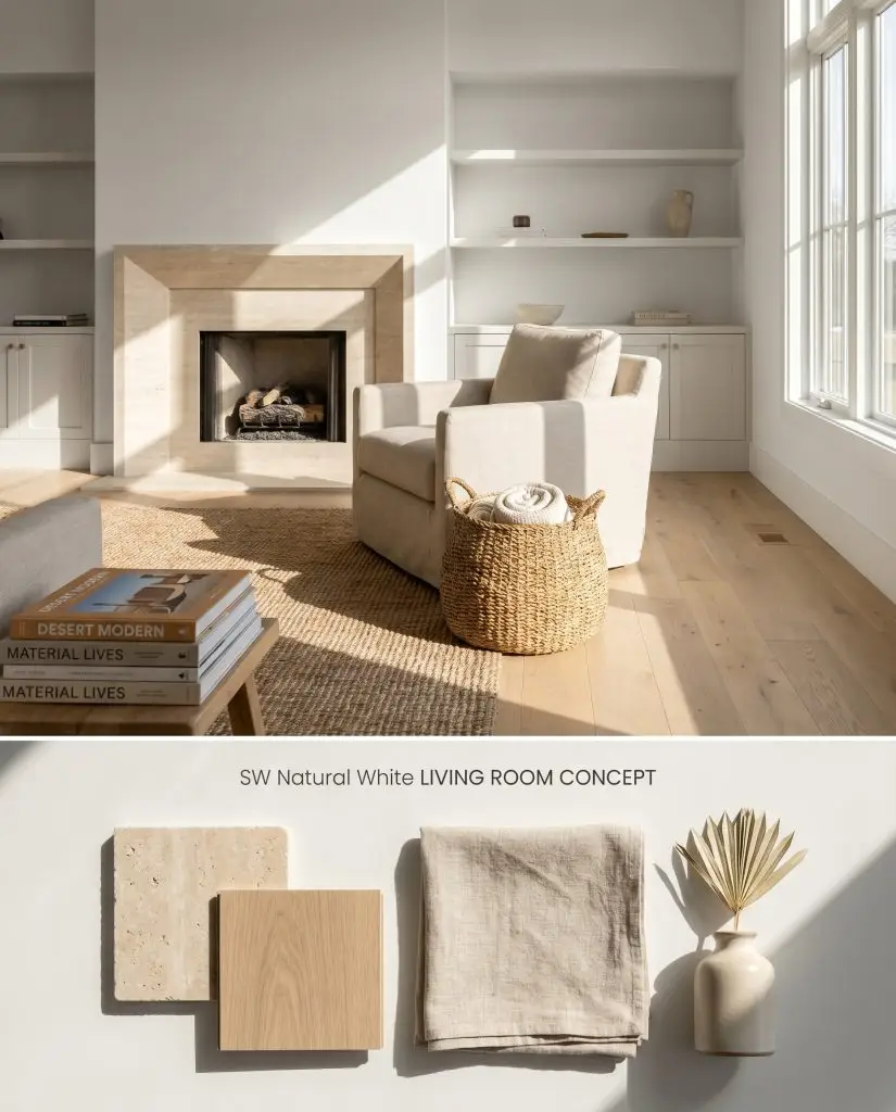 A split digital conceptual board showcasing a cool off-white living room above a textured flat-lay of matte travertine, white oak, and linen.