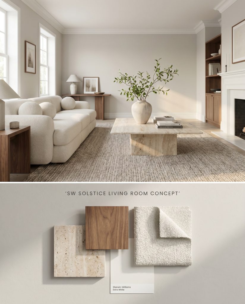A split digital conceptual board featuring a warm greige living room above a tactile flat-lay of travertine stone, walnut wood, and bouclé textiles.