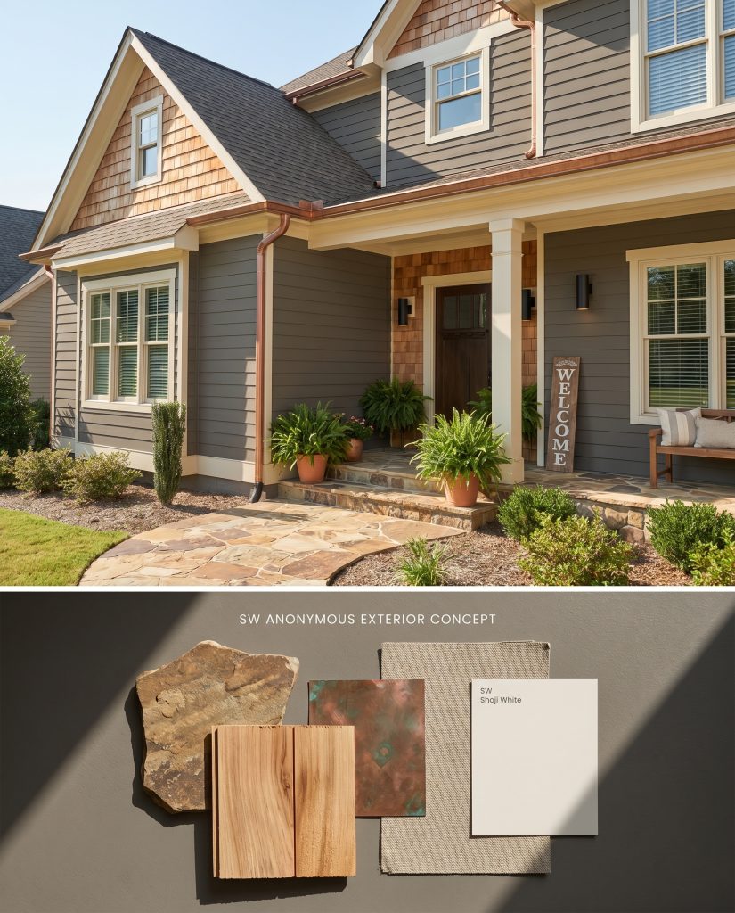 A split digital conceptual board showing a suburban home facade painted in a green-gray undertone on top, and physical cedar shake and flagstone materials below.