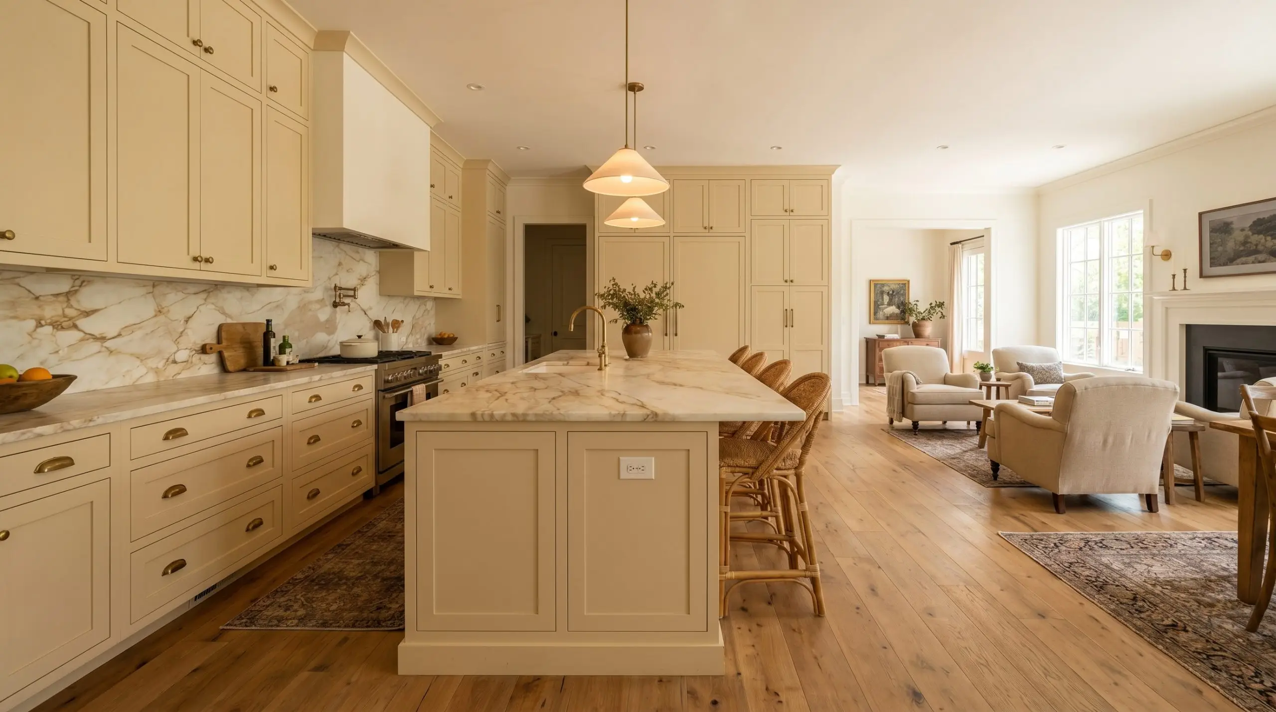 Traditional cabinetry painted in a warm creamy neutral pairs with heavily veined honed marble countertops, unlacquered brass hardware, and woven natural barstools over wide-plank oak flooring.