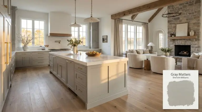 An open living space and kitchen featuring lower cabinetry painted in Sherwin-Williams Gray Matters (Hex #A7A8A2), white quartz countertops, and European white oak floors.