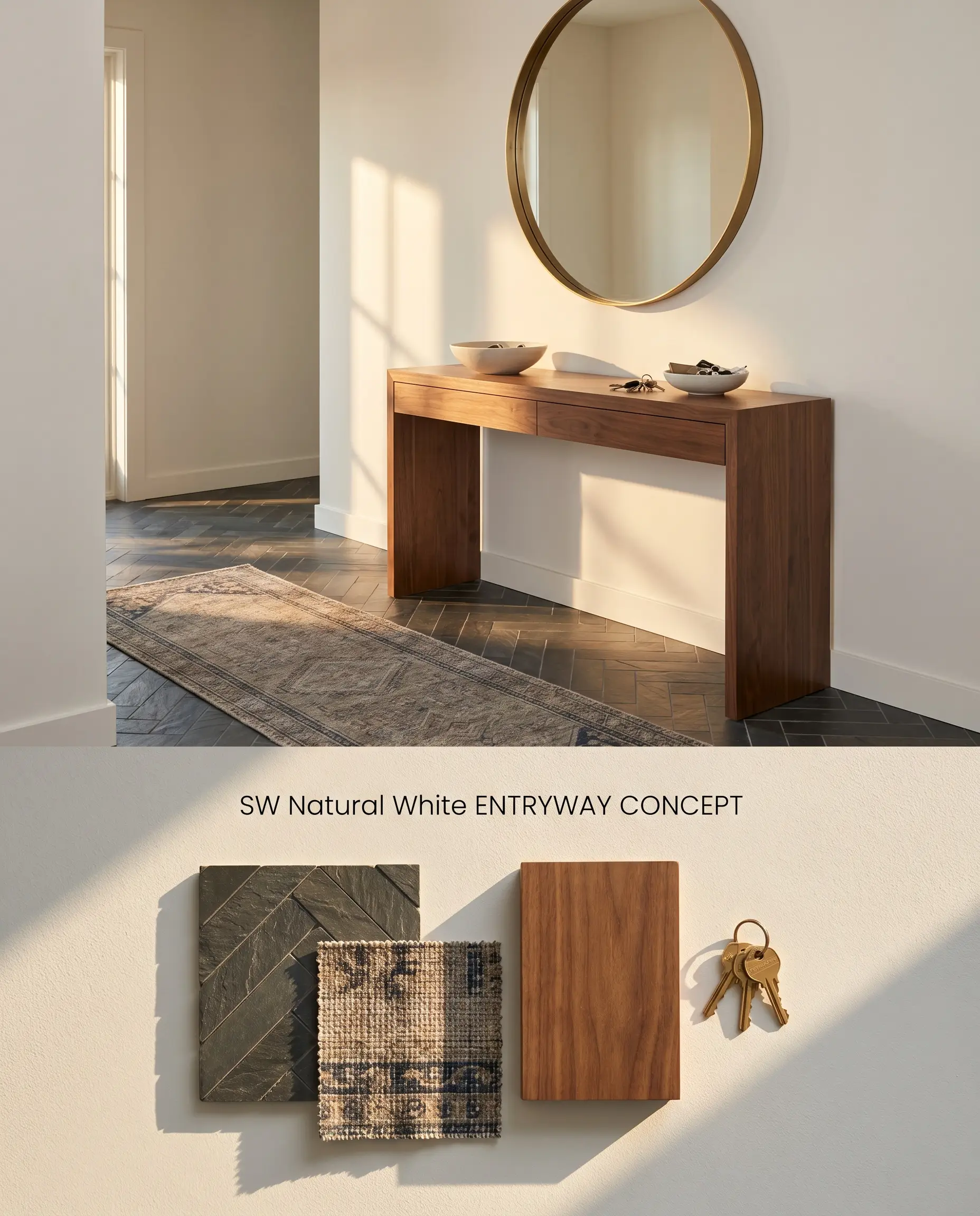 A split digital conceptual board featuring a bright soft white entryway above a physical flat-lay of dark slate herringbone tile and walnut wood.