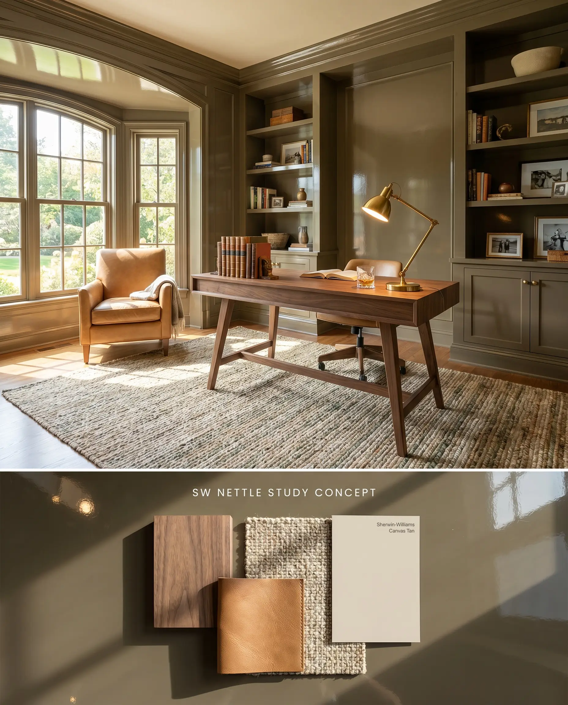 A split digital conceptual board featuring an enveloping home study painted in high-gloss Sherwin-Williams Nettle on top, and a flat-lay of cool walnut and camel leather over a matching lacquered texture below.