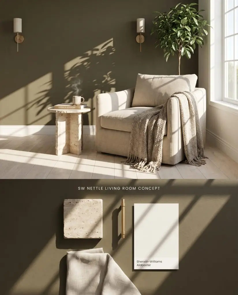 A split digital conceptual board featuring a sunlit living room with an earthy chromatic profile accent wall on top, and a flat-lay of travertine, brass, and linen over a matching velvety matte texture below.