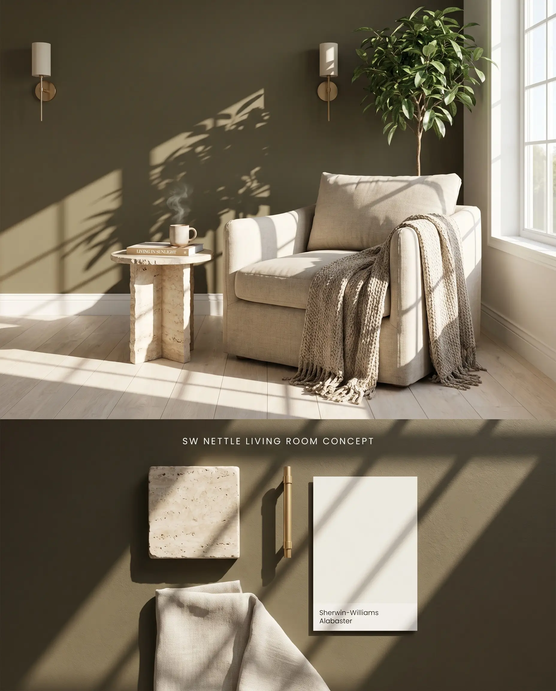 A split digital conceptual board featuring a sunlit living room with an earthy chromatic profile accent wall on top, and a flat-lay of travertine, brass, and linen over a matching velvety matte texture below.