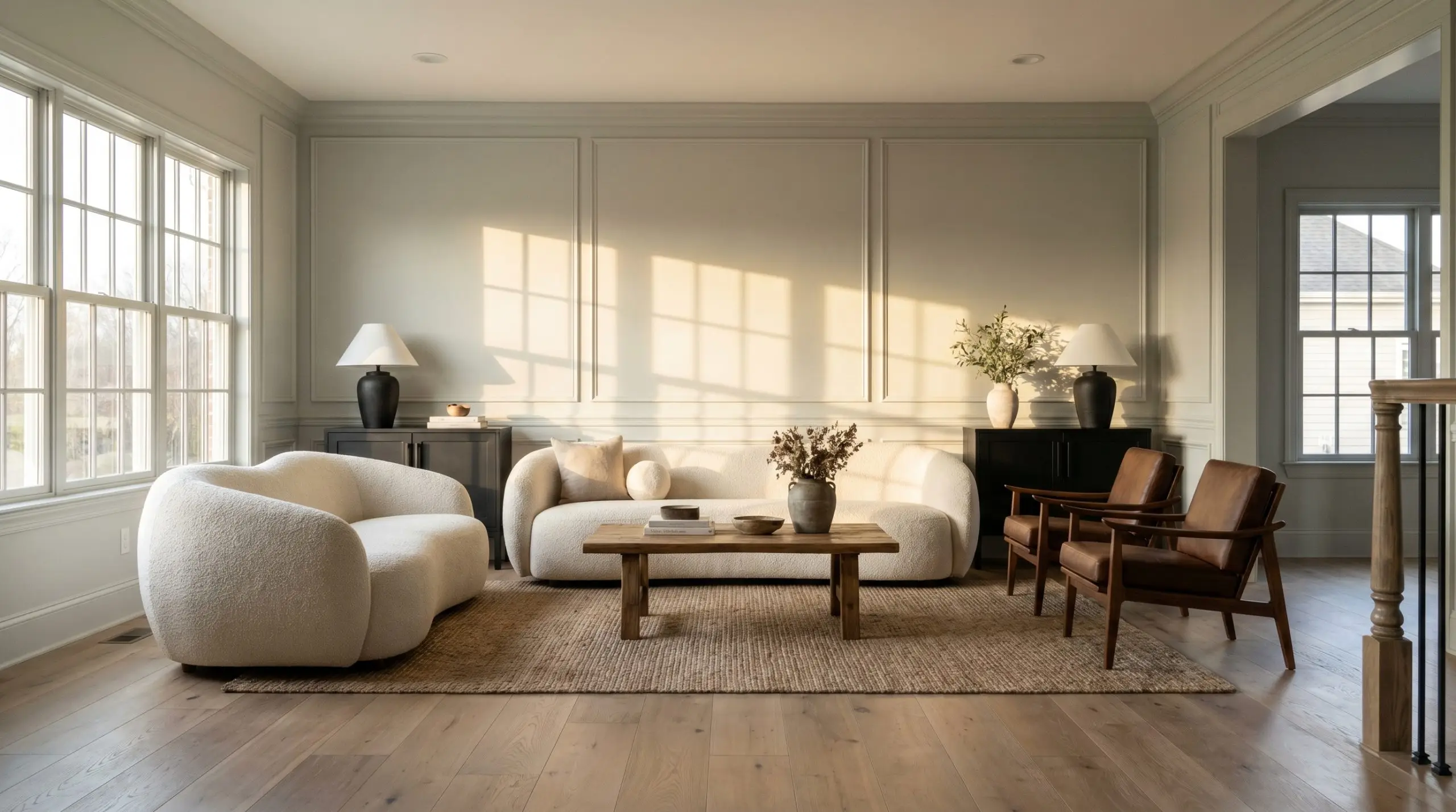 Picture frame molding and crisp trim painted in SW Reflection frame a sunlit transitional space featuring a sculptural boucle sofa and rich walnut accent chairs.