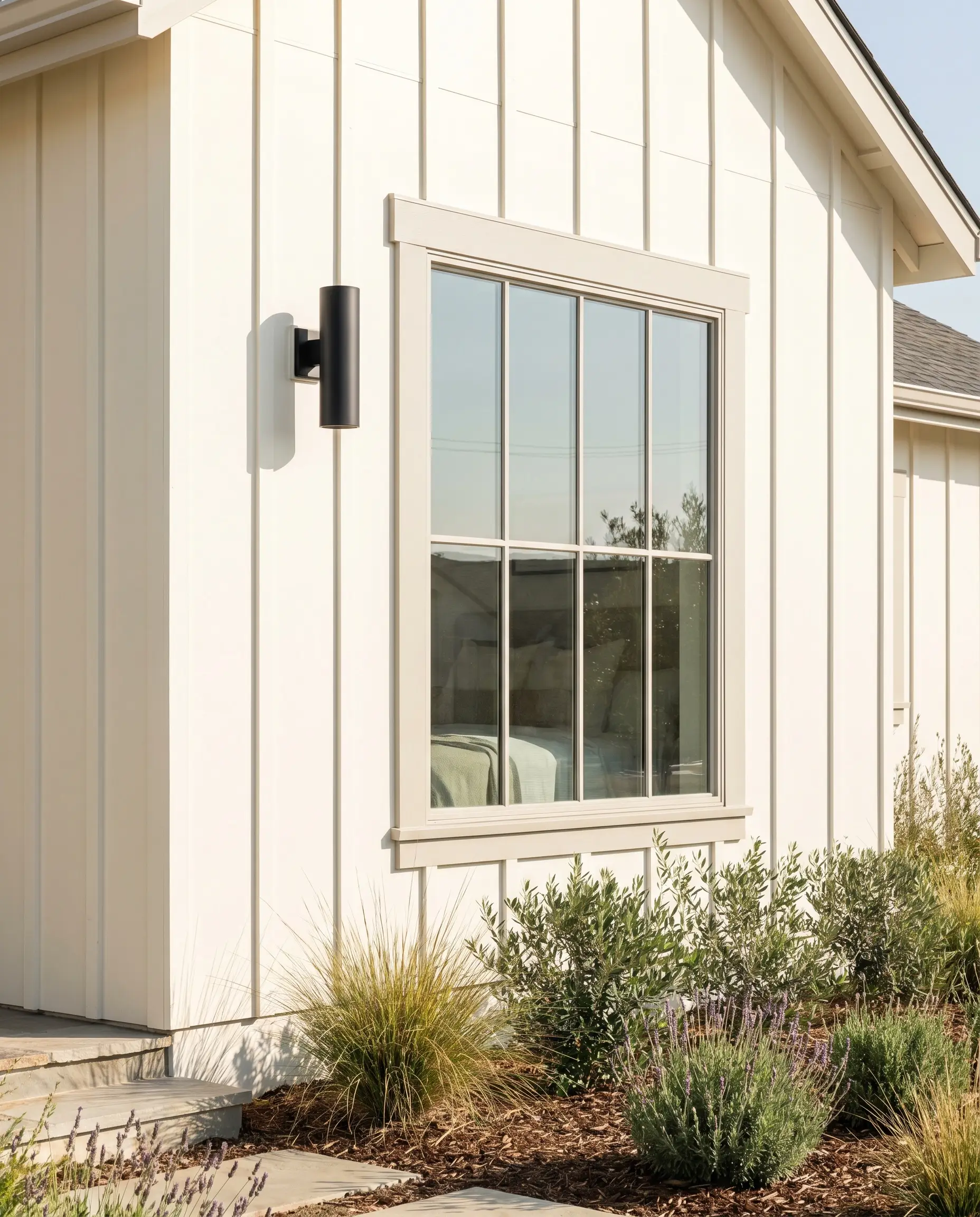 Warm creamy white Benjamin Moore modern farmhouse exterior colors feature Swiss Coffee board and batten siding transitioning into pale greige trim around a contemporary window.