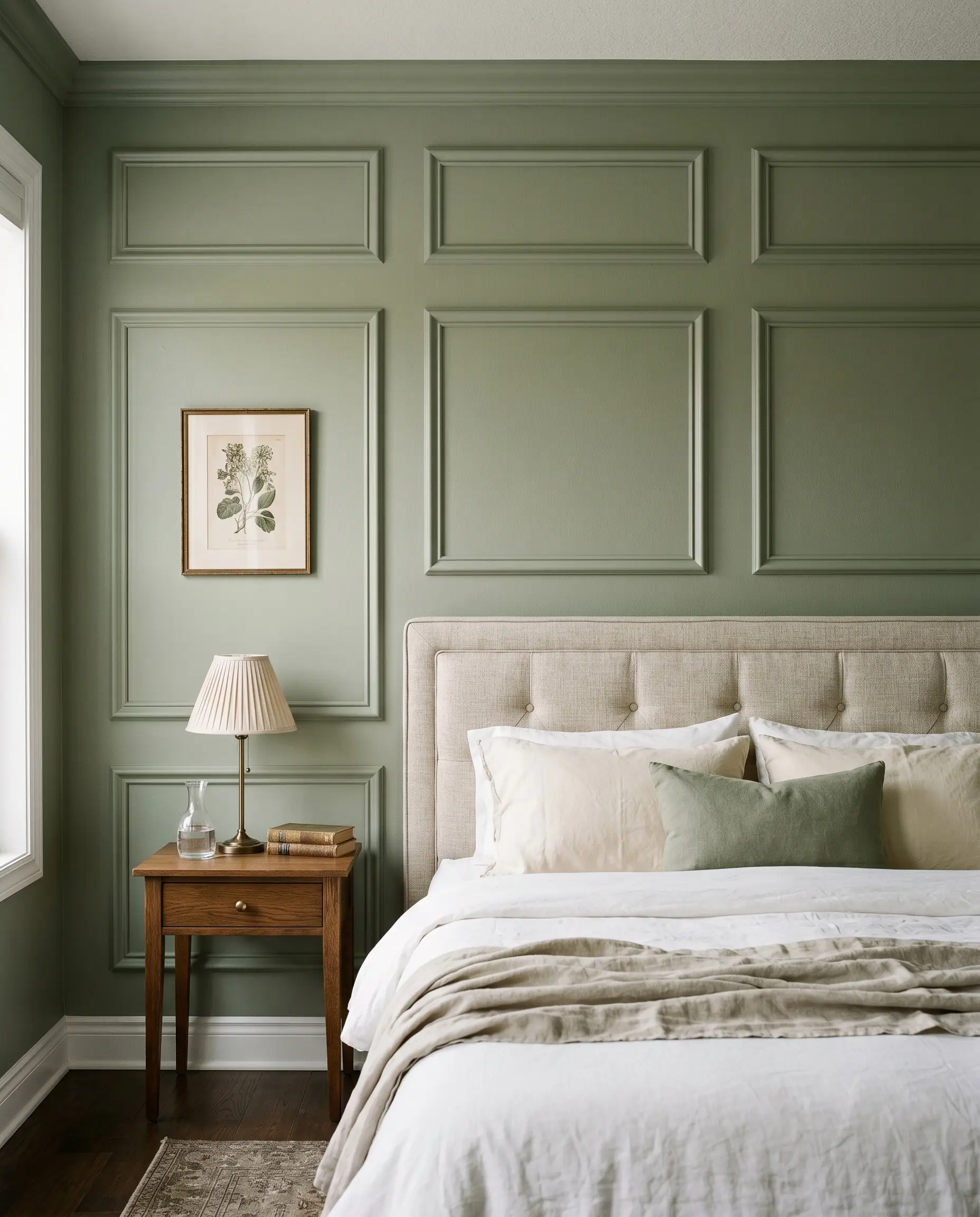 Symmetrical box trim picture molding applied to flat drywall frames a standard upholstered headboard and a simple wood nightstand in a satin green finish.