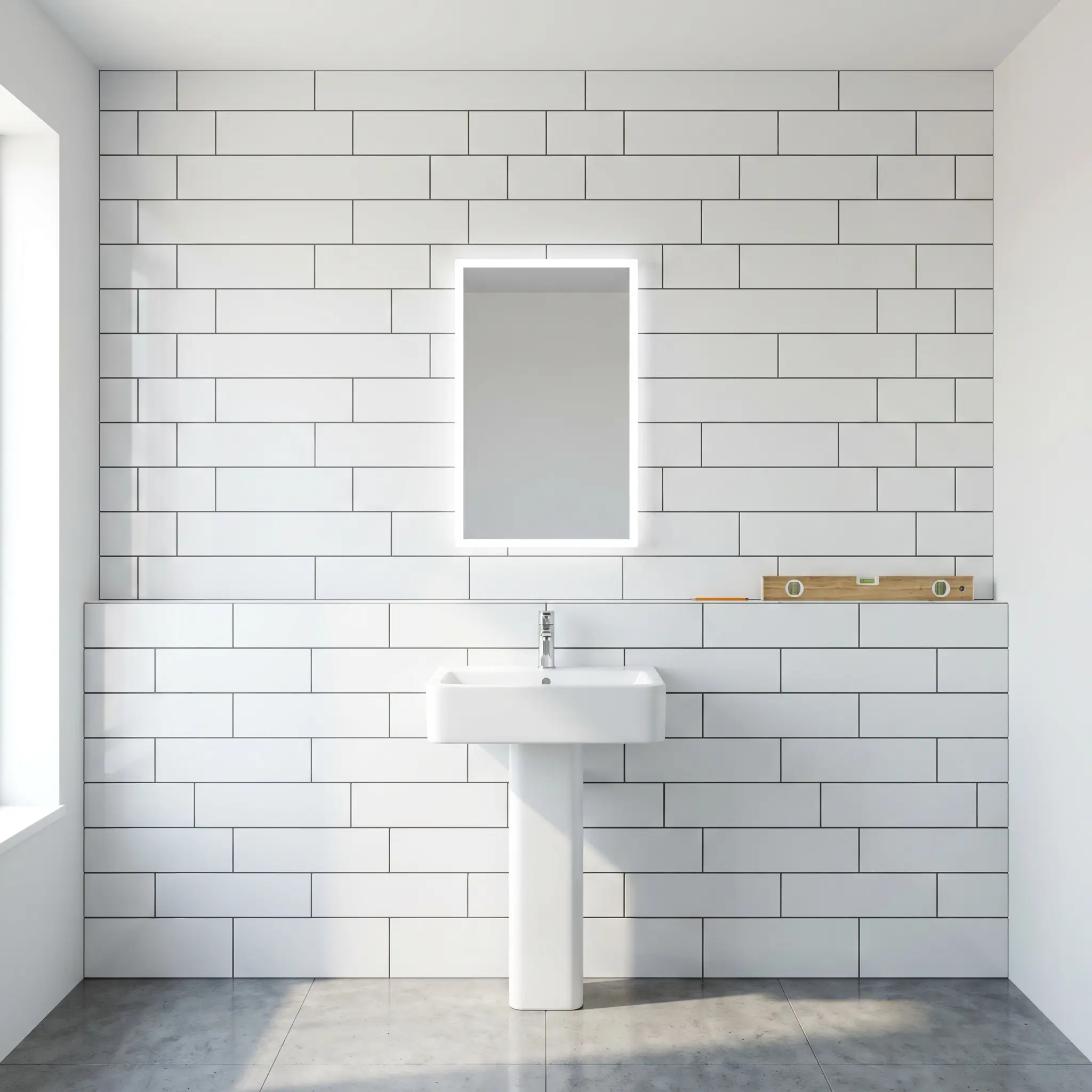 Substantial white ceramic pieces form a perfectly symmetrical wall installation with an implied vertical plumb line behind a modern pedestal sink and rectangular vanity mirror.