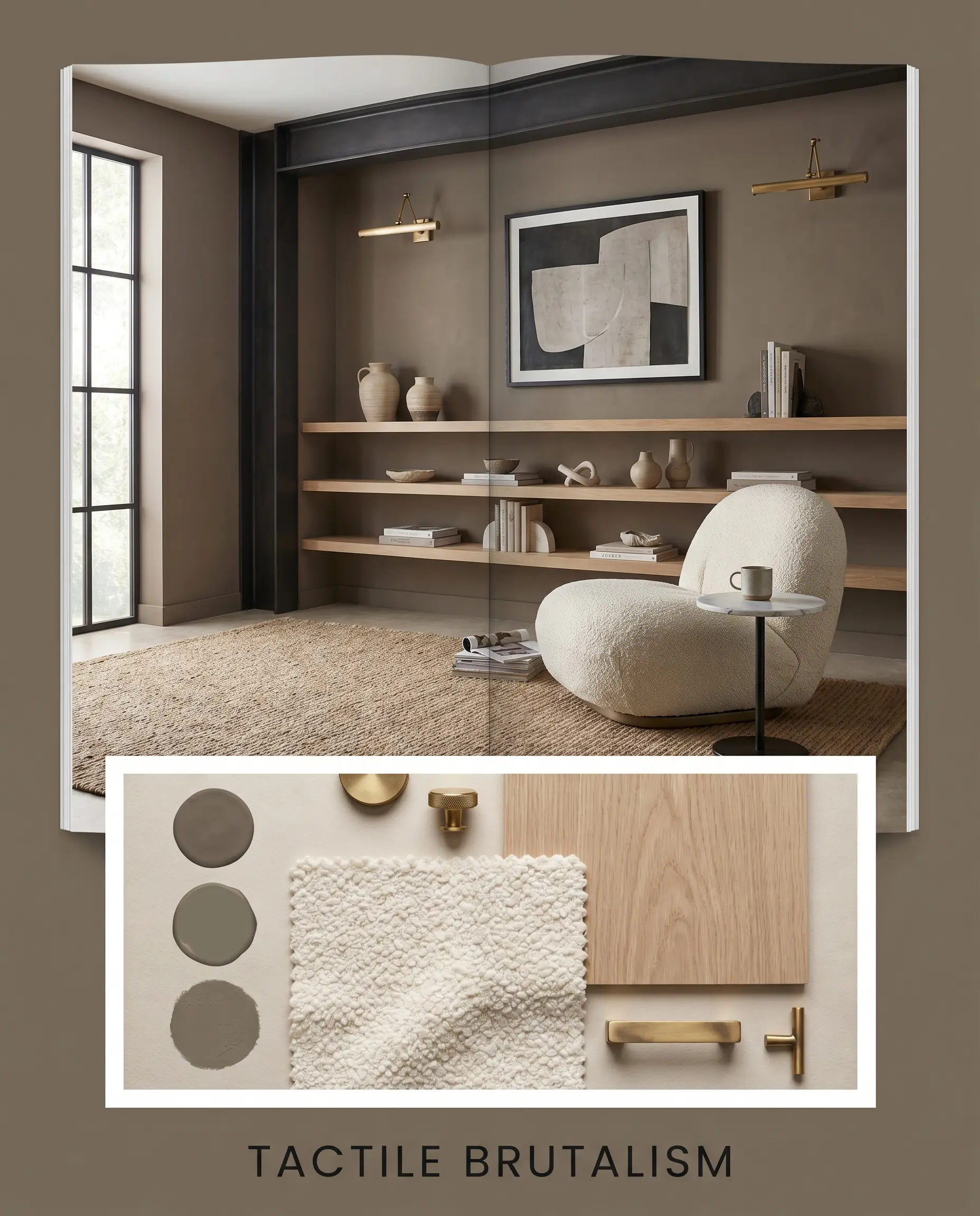 A creamy thick bouclé lounge chair and blackened steel framing sit above a flat-lay containing white oak veneer, raw brass hardware, and a muted stone hue paint swatch.