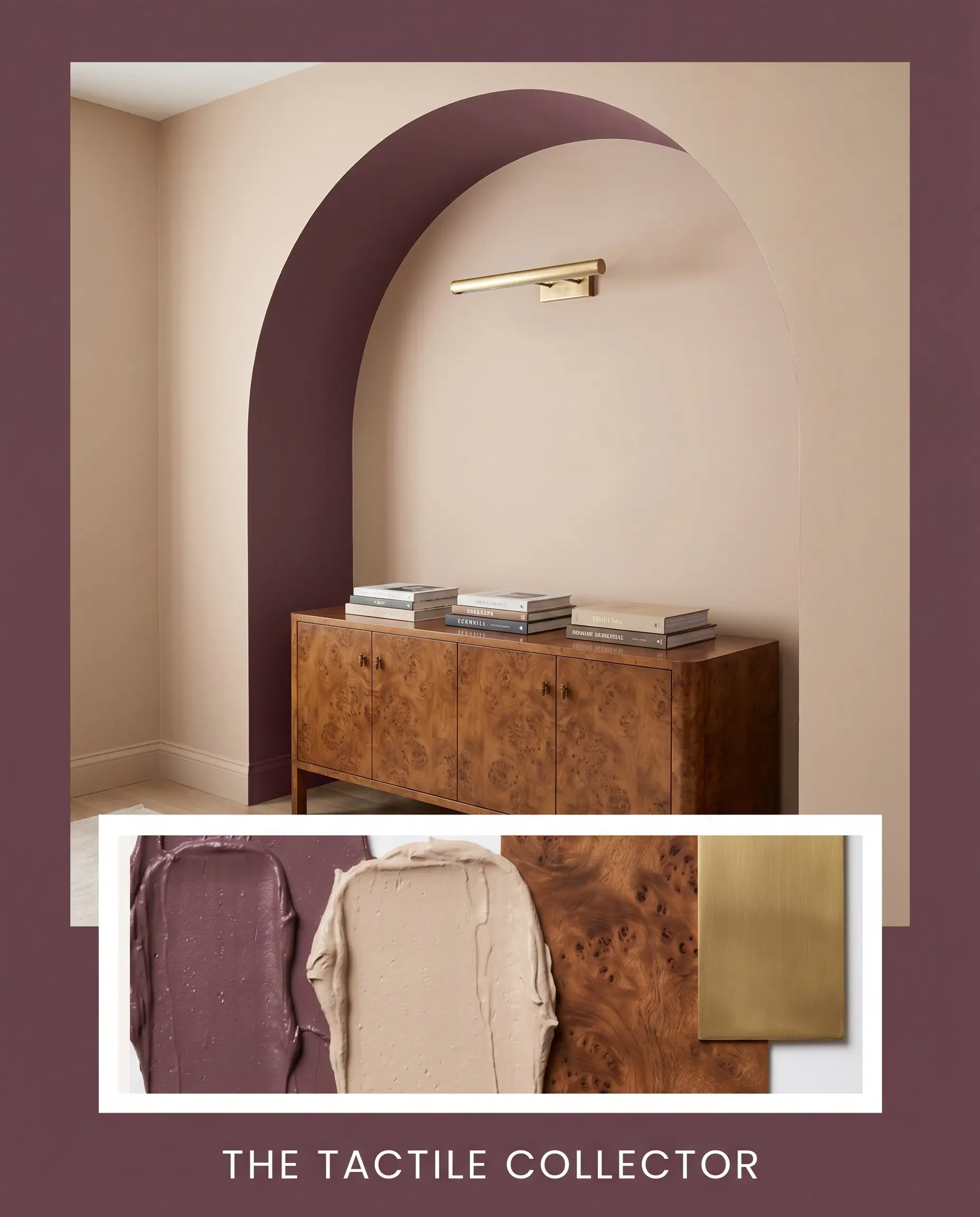 A flat-lay of burl wood and unlacquered brass sits below a photorealistic room shot featuring a deep terracotta-grape painted architectural arch.