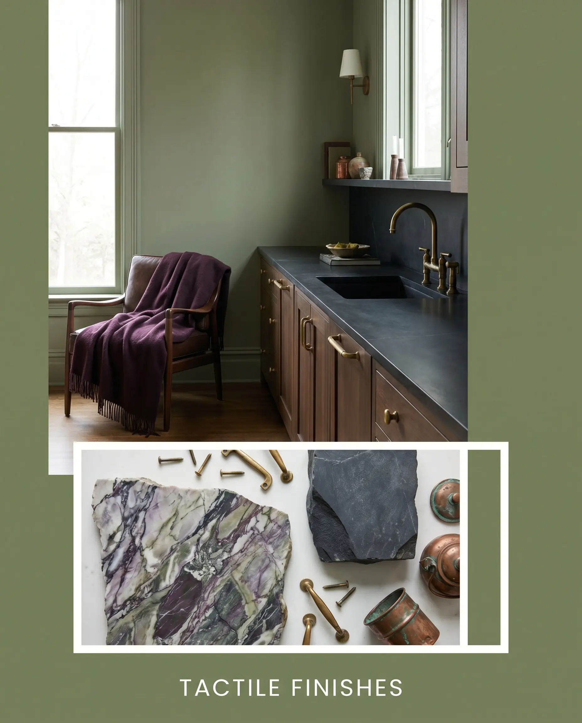 Deep aubergine worsted wool drapes over a chair above an inset panel featuring heavily veined Calacatta Viola marble, matte soapstone, and tarnished brass hardware.