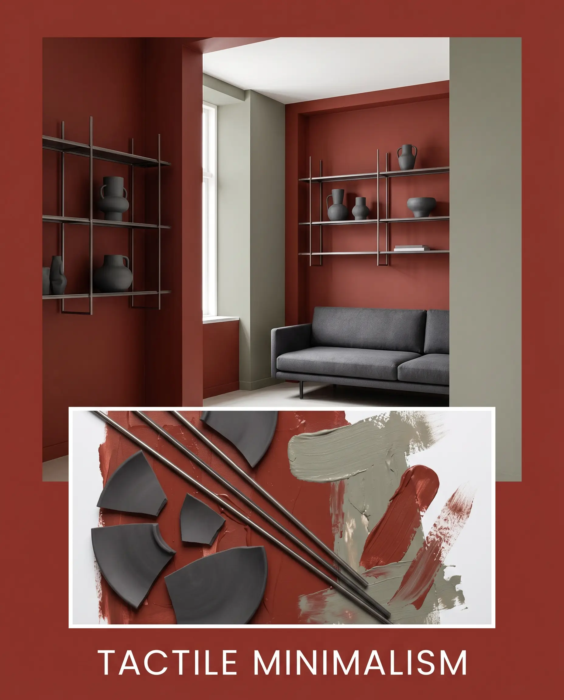 Matte charcoal ceramic shards and sleek dark metal rods form a flat-lay beneath a minimalist study featuring low-profile seating and architectural oxblood walls.