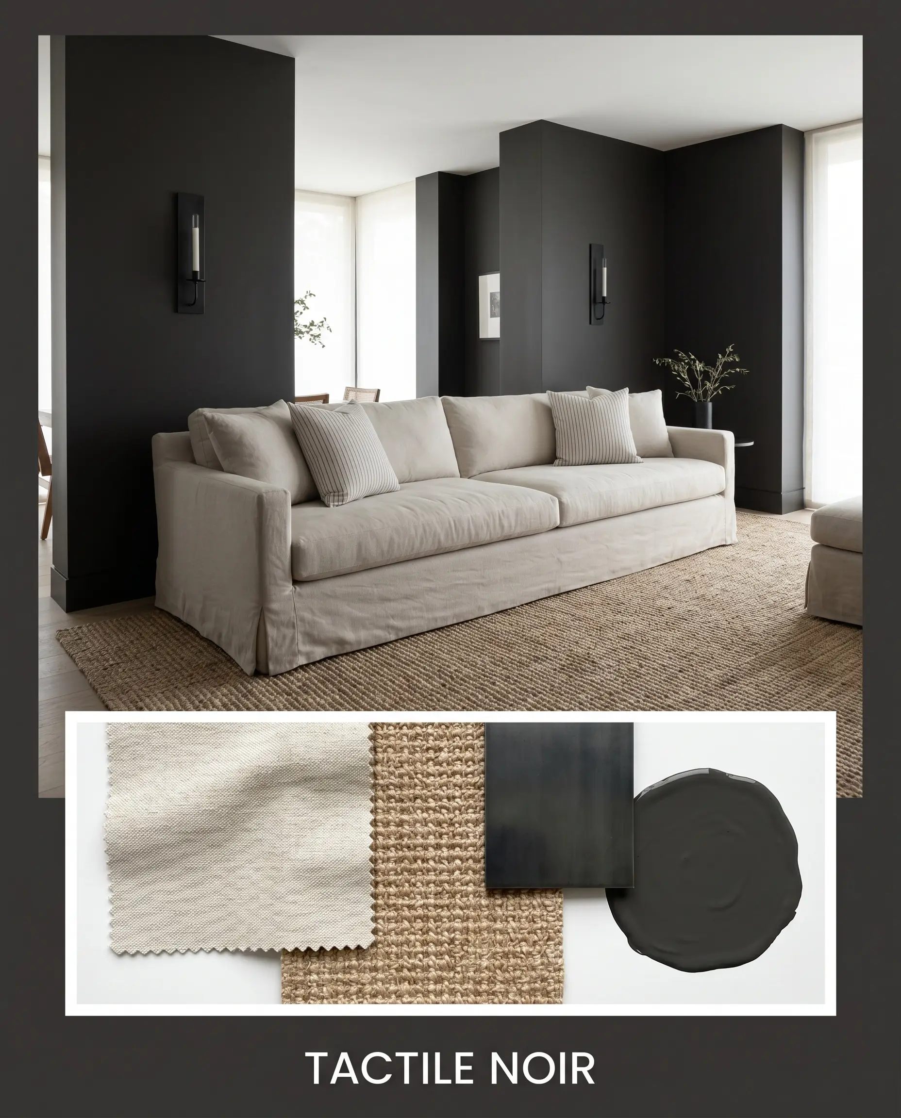 An editorial magazine layout titled TACTILE NOIR features a chic living room with dark painted walls above a flat-lay of tumbled cotton and blackened steel.